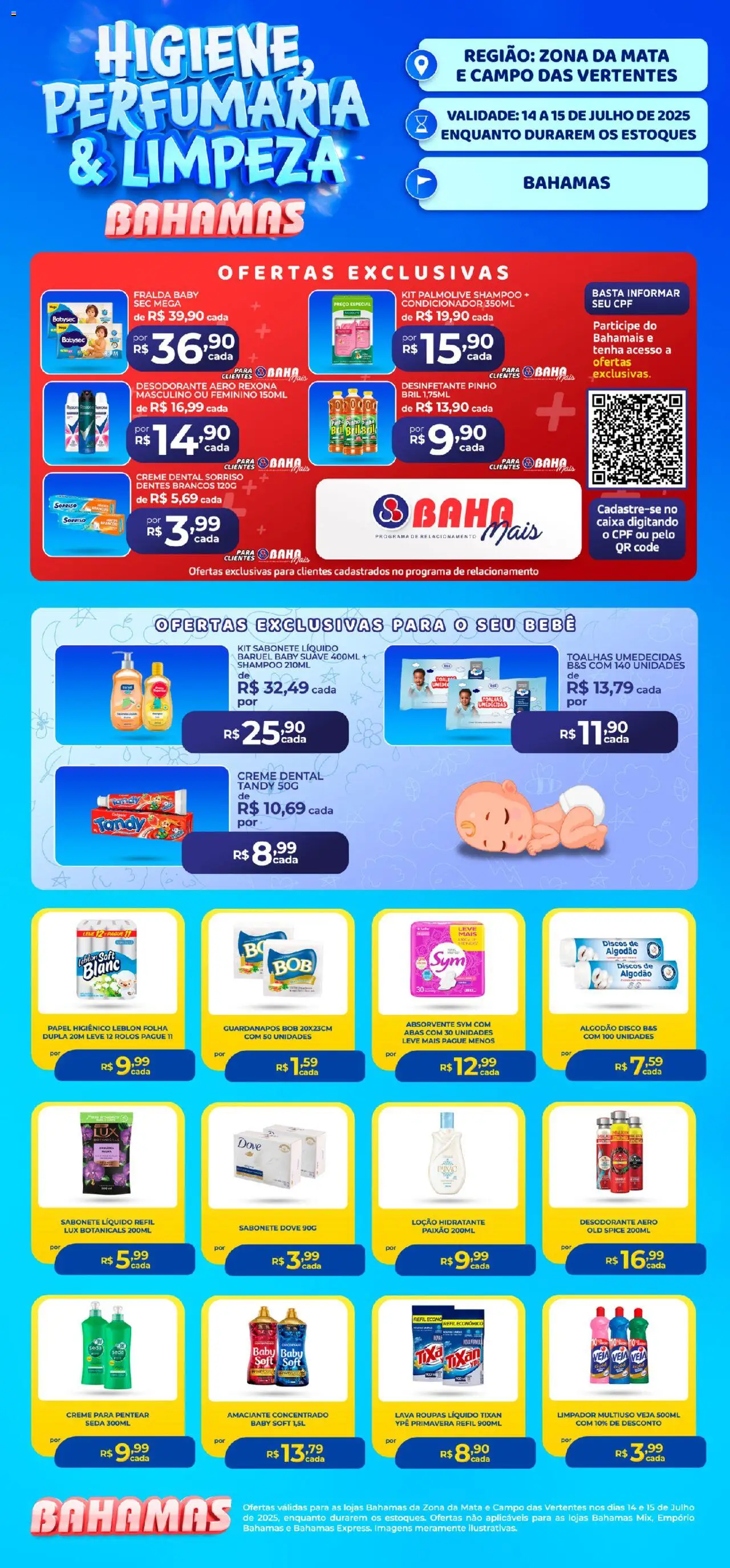 Bahamas Supermercados Folheto - válido de 14.07.2025 | Página: 1 | Produtos: Limpador multiuso, Rexona, Creme para pentear, Absorvente