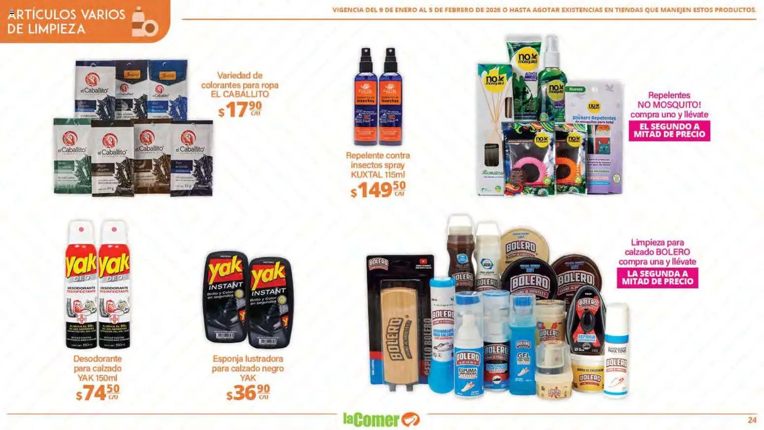 Nuevas ofertas de La Comer válidas en toda la República Mexicana desde el 09.01.2026. ¡Encuentra las mejores ofertas en La Comer folleto Limpia Desinfecta Organiza Ahorra! | Página: 24 | Productos: Cepillo, Esponja, Repelente, Desinfectante