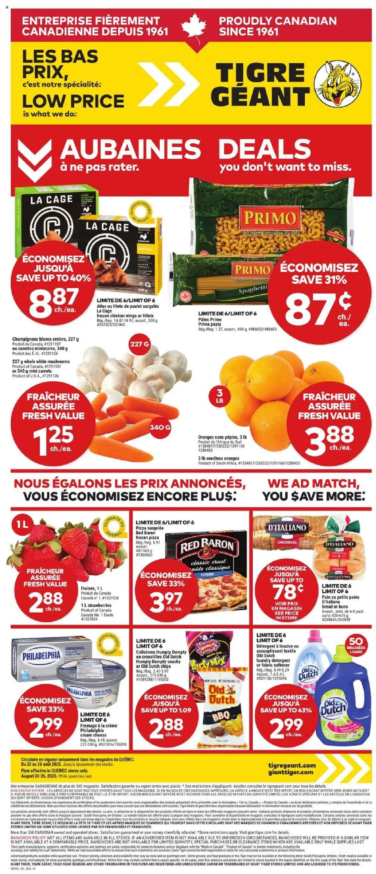 Giant Tiger flyer valid from 20.08.2025 | Page: 1 | Products: Strawberries, Cream, Fabric softener, Chicken