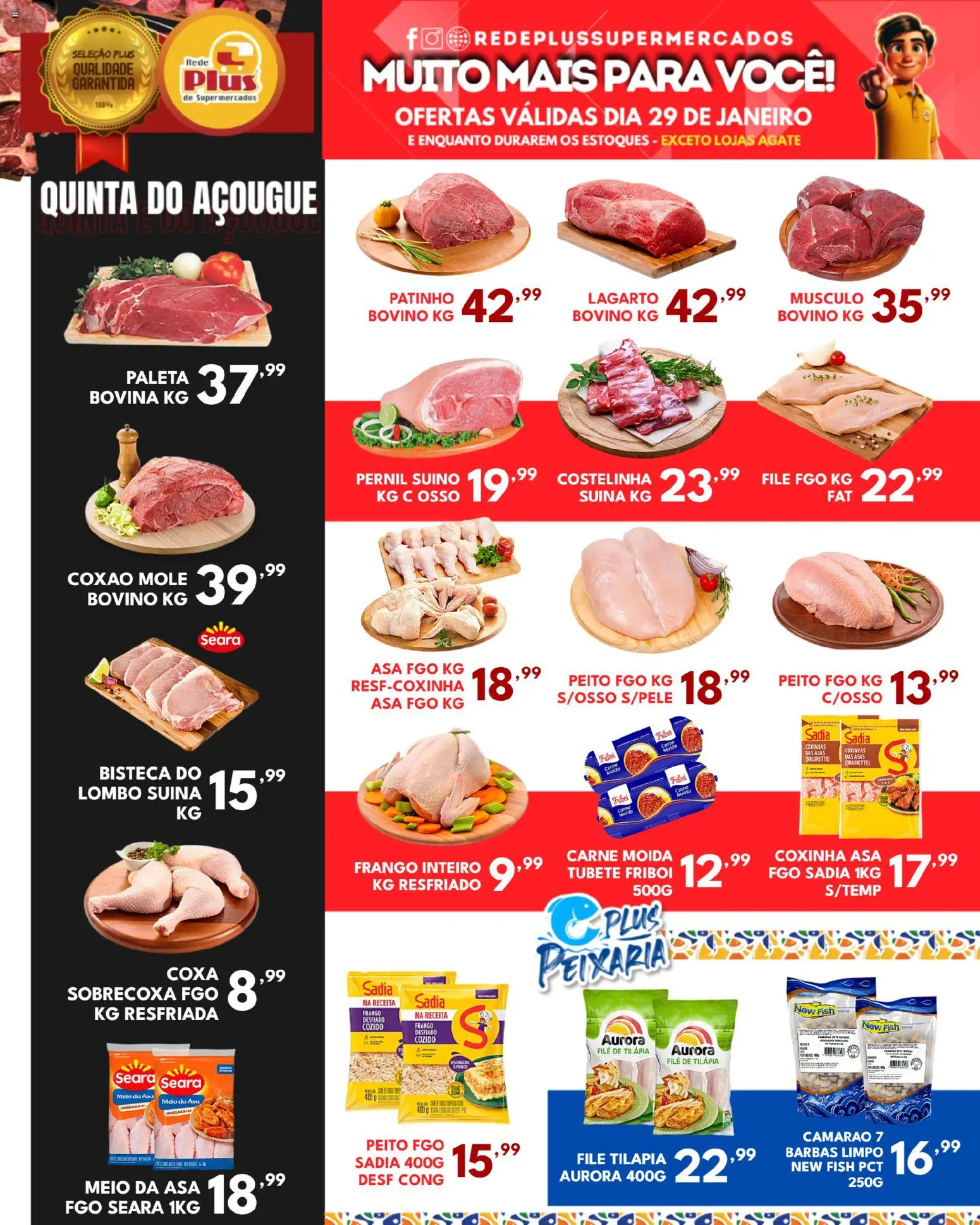 Rede Plus Supermercados Folheto - válido de 28.01.2026 | Página: 2 | Produtos: Camarão, Tilápia, Carne, Filé de tilápia