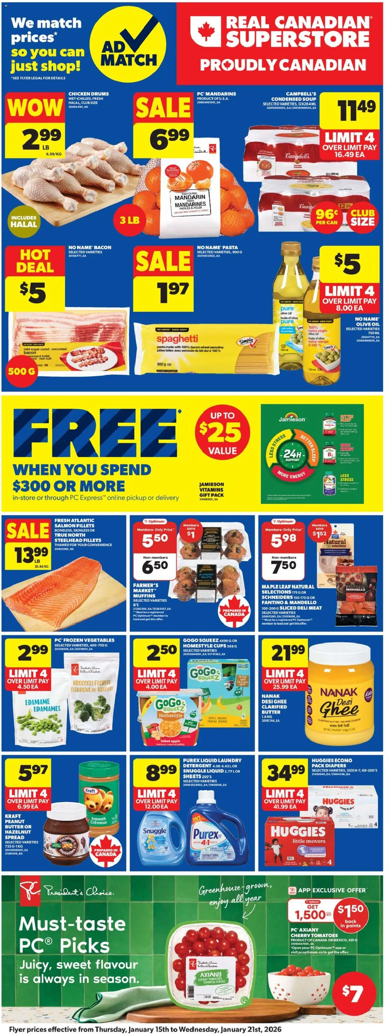 Real Canadian Superstore flyer valid from 15.01.2026 | Page: 4 | Products: PC, Detergent, Chicken, Tomatoes