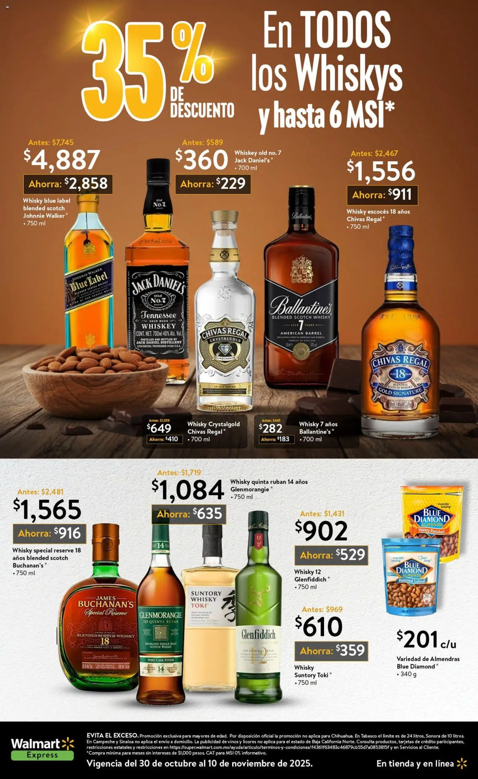 Nuevas ofertas de Walmart Express válidas en toda la República Mexicana desde el 30.10.2025. ¡Encuentra las mejores ofertas en Walmart Express folleto! | Página: 10 | Productos: Almendras, Whiskey, Whisky