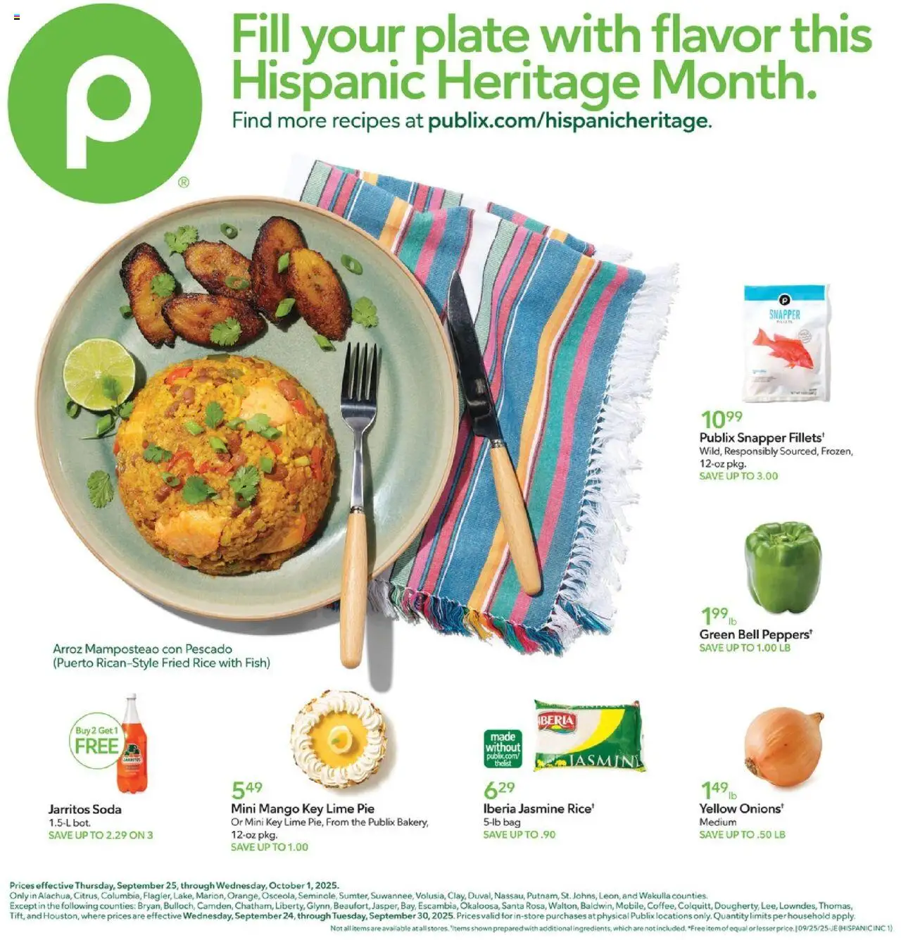 Publix Hispanic Ad - valid from 25.09.2025 | Page: 1 | Products: Rice, Fish, Lime, Bag