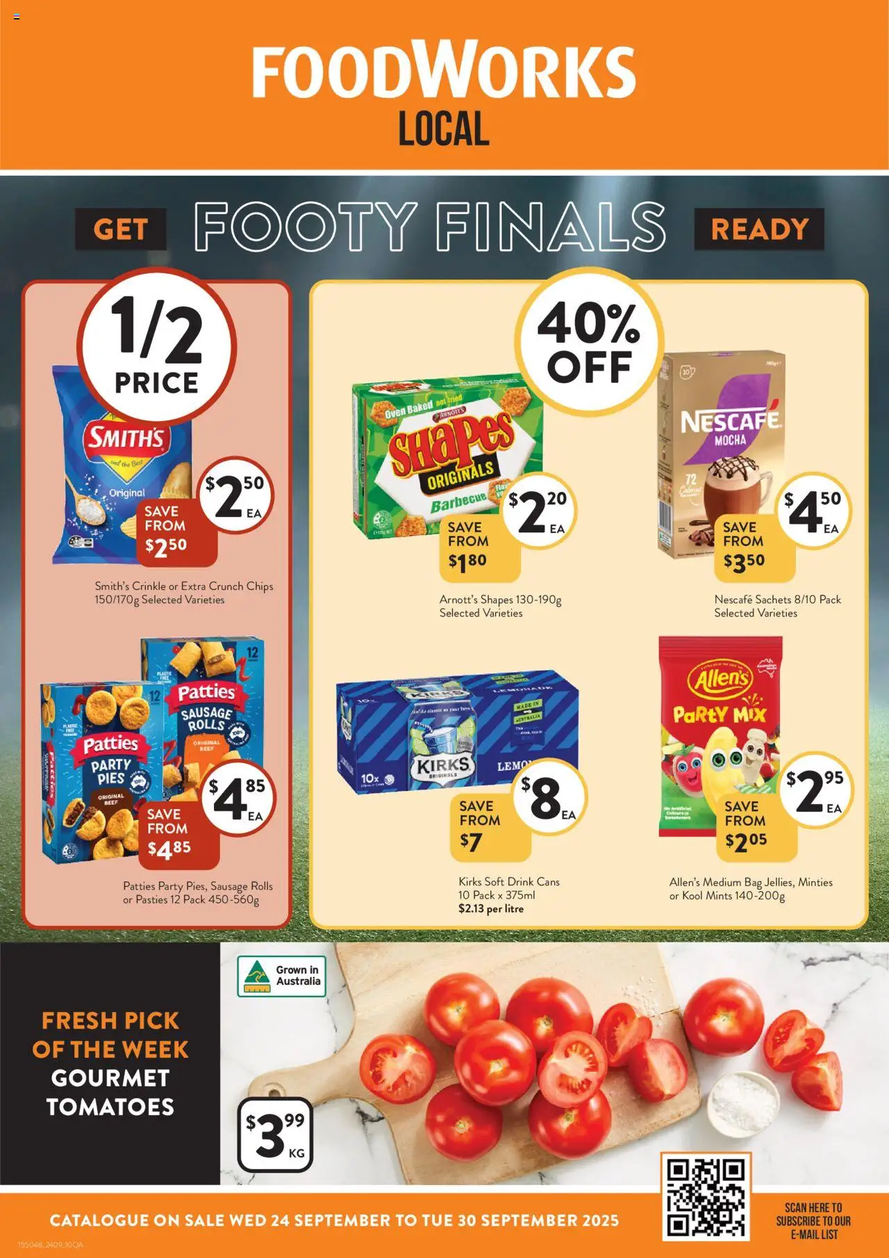 Foodworks catalogue - valid from 24.09.2025 | Page: 1 | Products: Tomatoes, Sausage, Pies, Nescafe