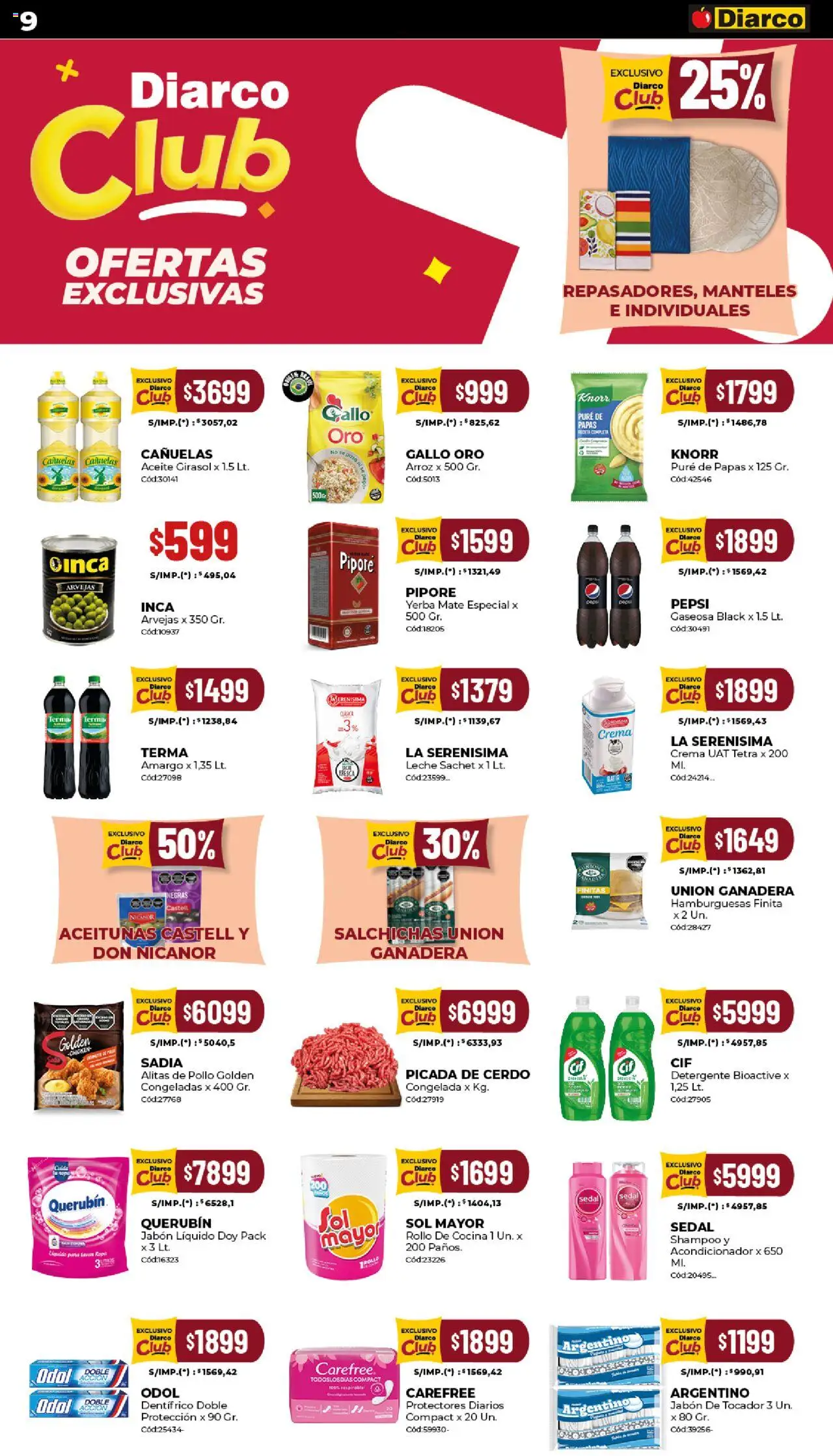 Diarco - Ofertas Sur │ válido desde el 20.10.2025 | Página: 9 | Productos: Shampoo, Gaseosa, Cerdo, Crema