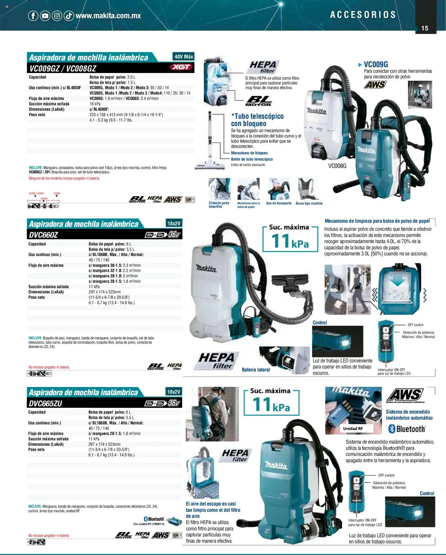 Nuevas ofertas de Makita válidas en toda la República Mexicana desde el 01.12.2025. ¡Encuentra las mejores ofertas en Makita catálogo Aspiradoras! | Página: 15 | Productos: Manguera, Cinturón, Cargador, Aspiradora