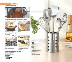 Vista previa de Juego de 5 utensilios con base, Acero inoxidable. Incluye: Base, Cuchara, Volteador ranurado, Volteador liso, Batidor, Servidor de pasta., nuevo folleto de la tienda, válido en México a partir del 20.02.2026 | Página: 60