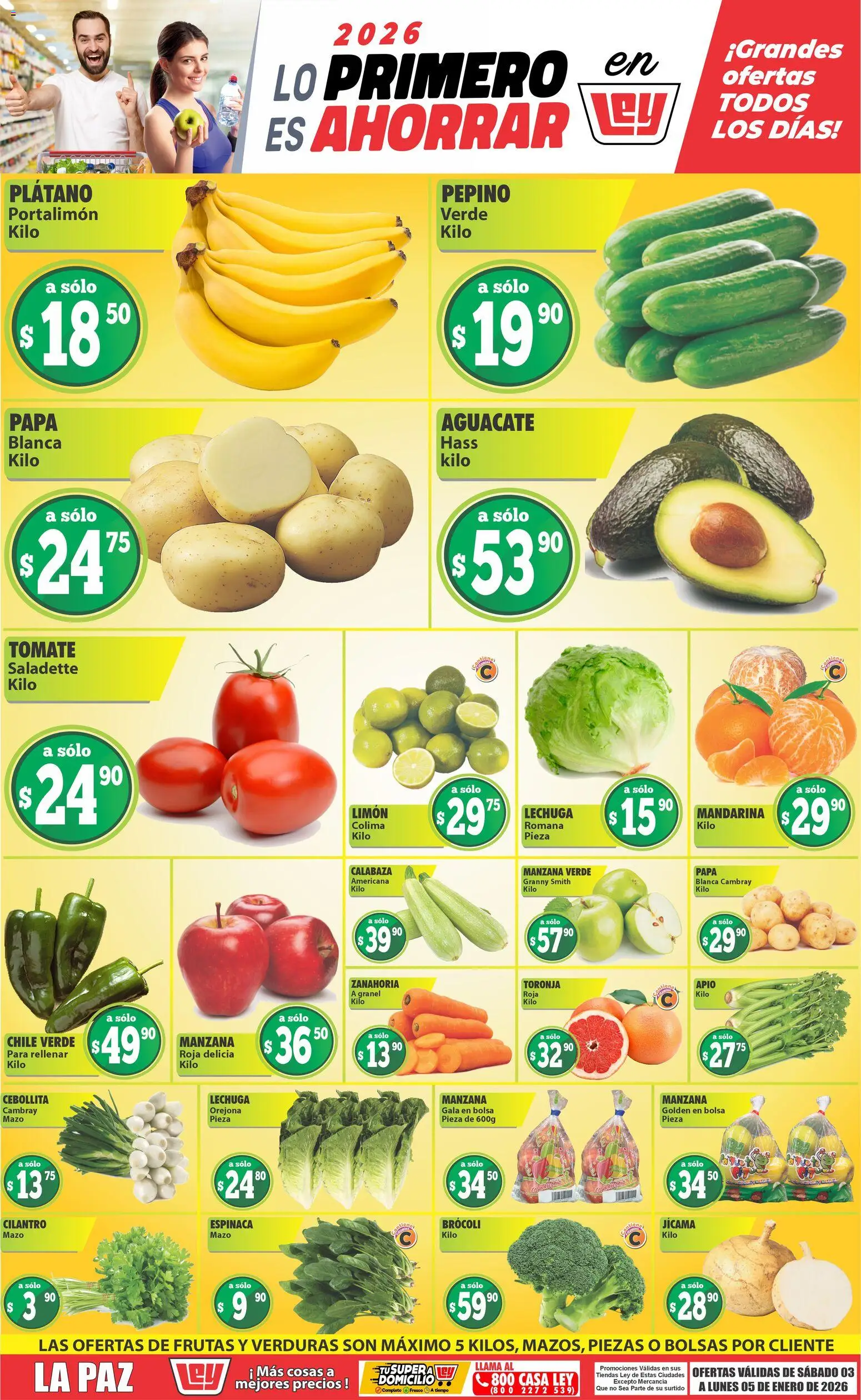Nuevas ofertas de Casa Ley válidas en toda la República Mexicana desde el 03.01.2026. ¡Encuentra las mejores ofertas en Casa Ley folleto Las ofertas de frutas y verduras! | Página: 1 | Productos: Brocoli, Limón, Aguacate, Zanahoria