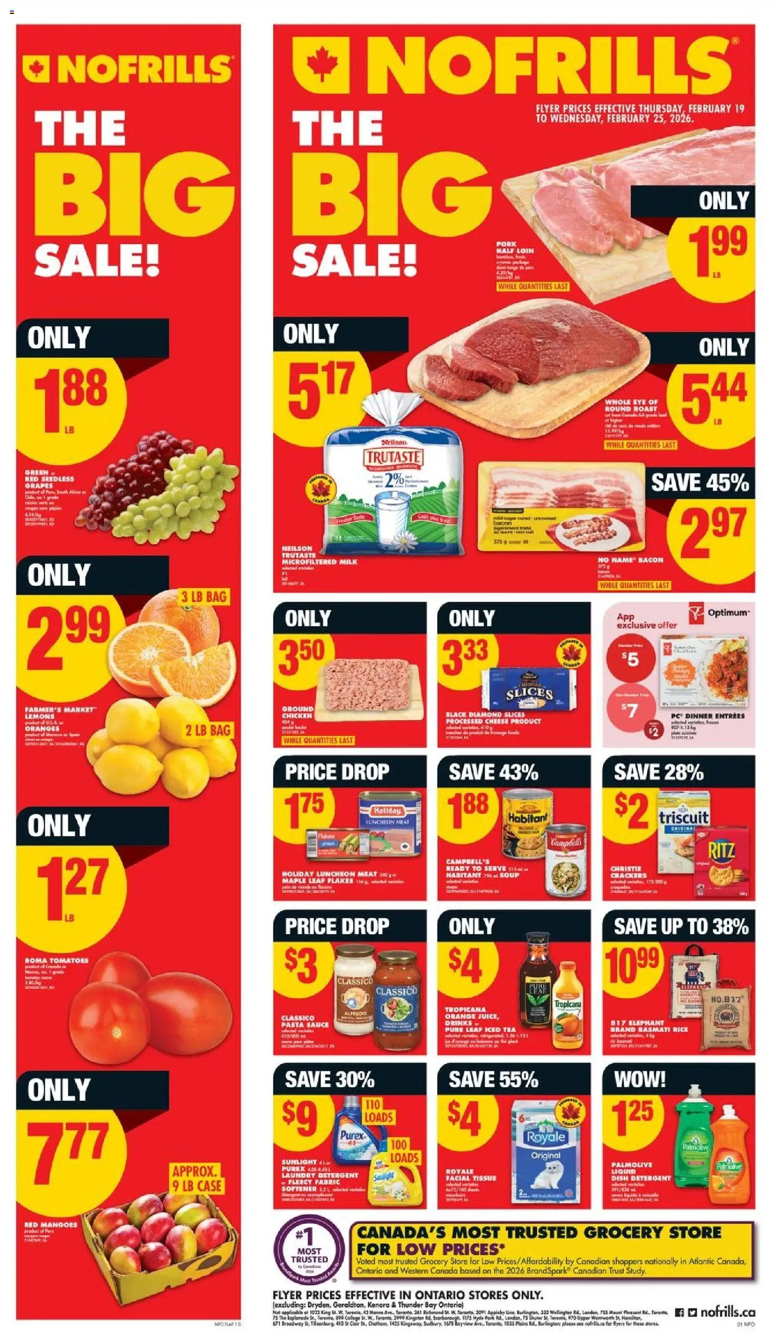 No Frills flyer valid from 19.02.2026 | Page: 1 | Products: Beef, Fabric softener, Juice, Chicken