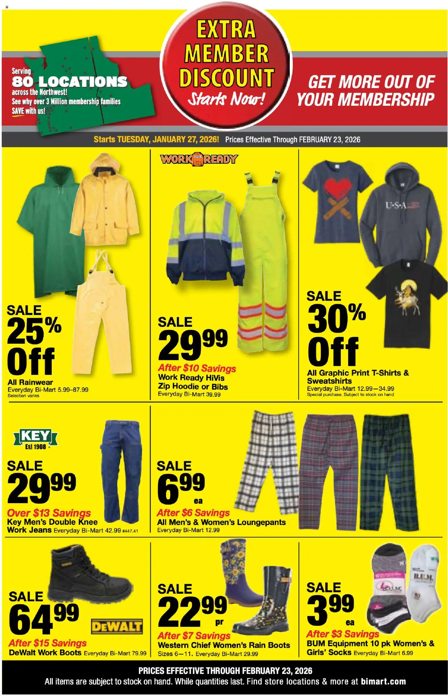 Bi-Mart Weekly Ad - valid from 27.01.2026 | Page: 2 | Products: Hoodie, Socks, Boots, Rainwear