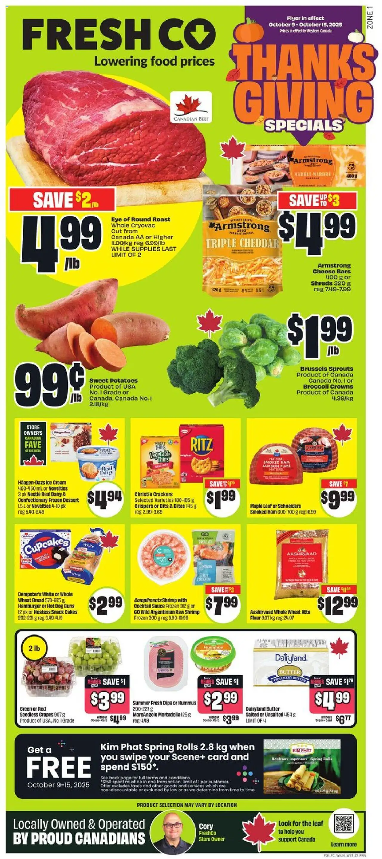 FreshCo flyer valid from 09.10.2025 | Page: 1 | Products: Ice cream, Potatoes, Bread, Ham