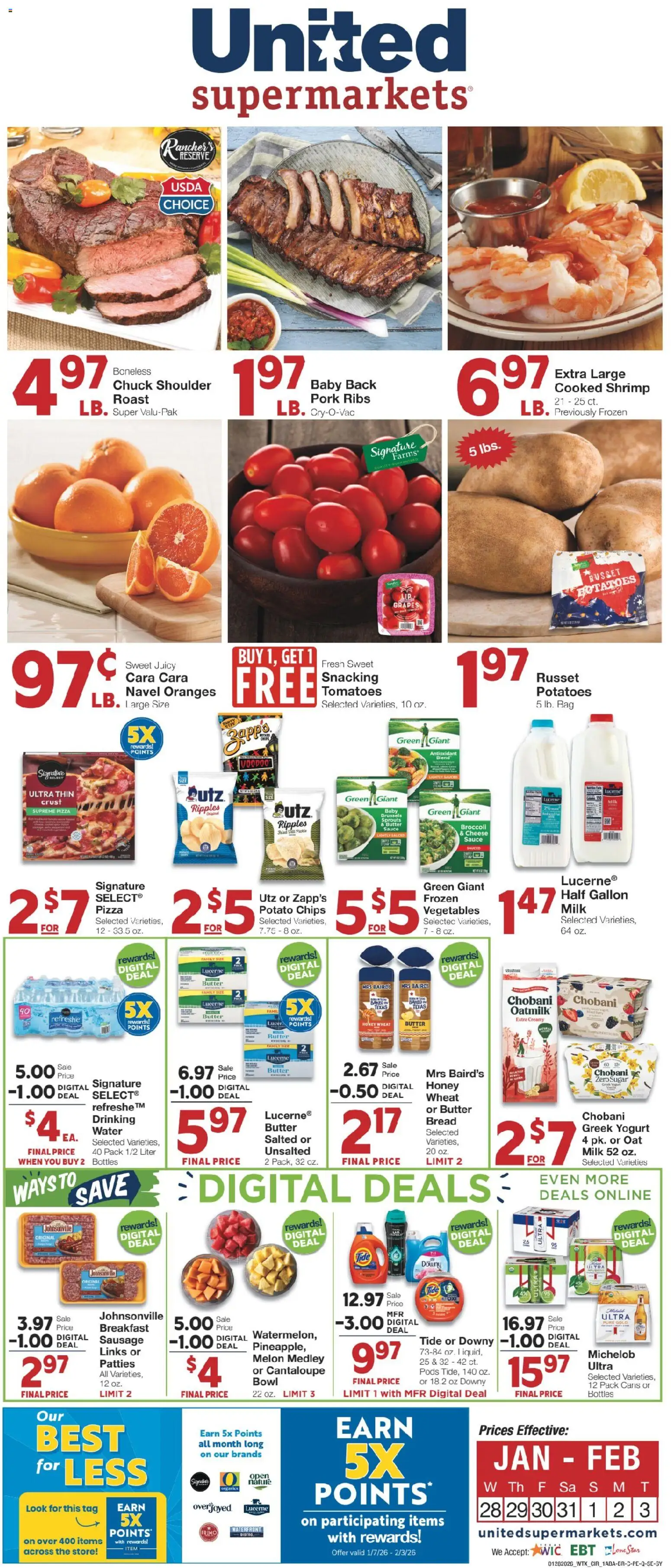United Supermarkets Weekly Ad - valid from 27.01.2026 | Page: 1 | Products: Broccoli, Yogurt, Pork, Water