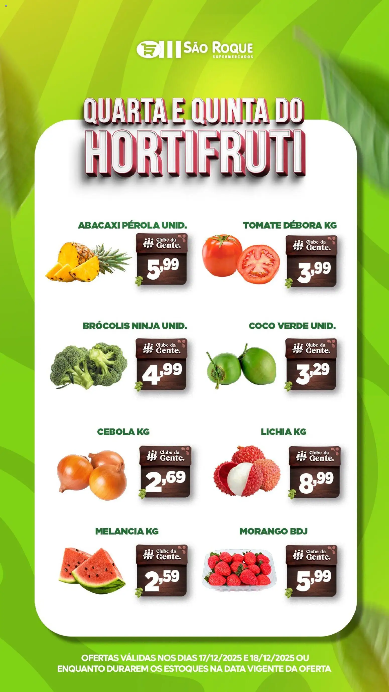 São Roque Supermercados Folheto - válido de 17.12.2025 | Página: 1 | Produtos: Melancia, Lichia, Cebola, Brócolis