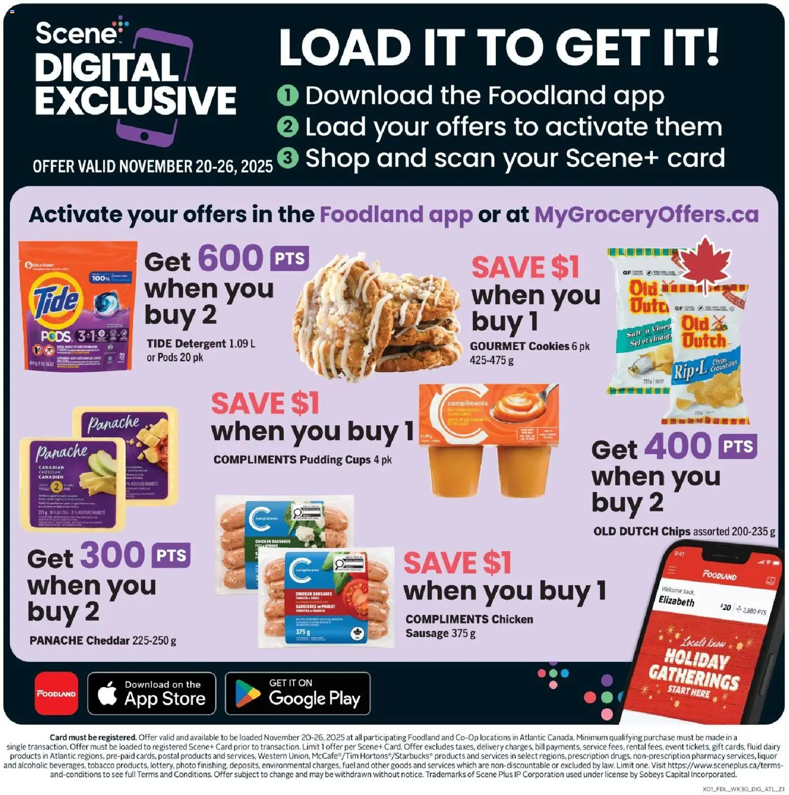 Foodland flyer valid from 20.11.2025 | Page: 13 | Products: Chips, Cookies, Detergent, Chicken