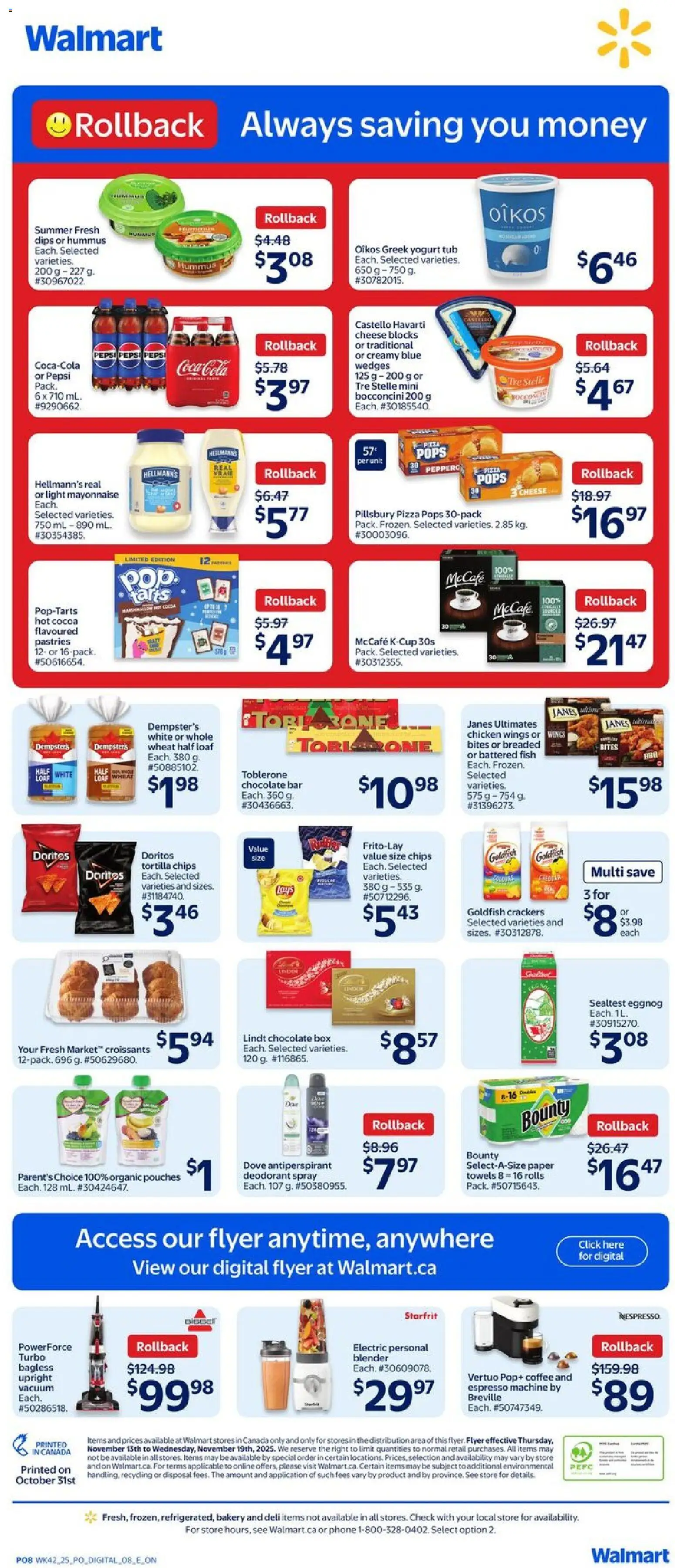 Walmart flyer valid from 13.11.2025 | Page: 2 | Products: Antiperspirant, Yogurt, Chocolate, Pizza