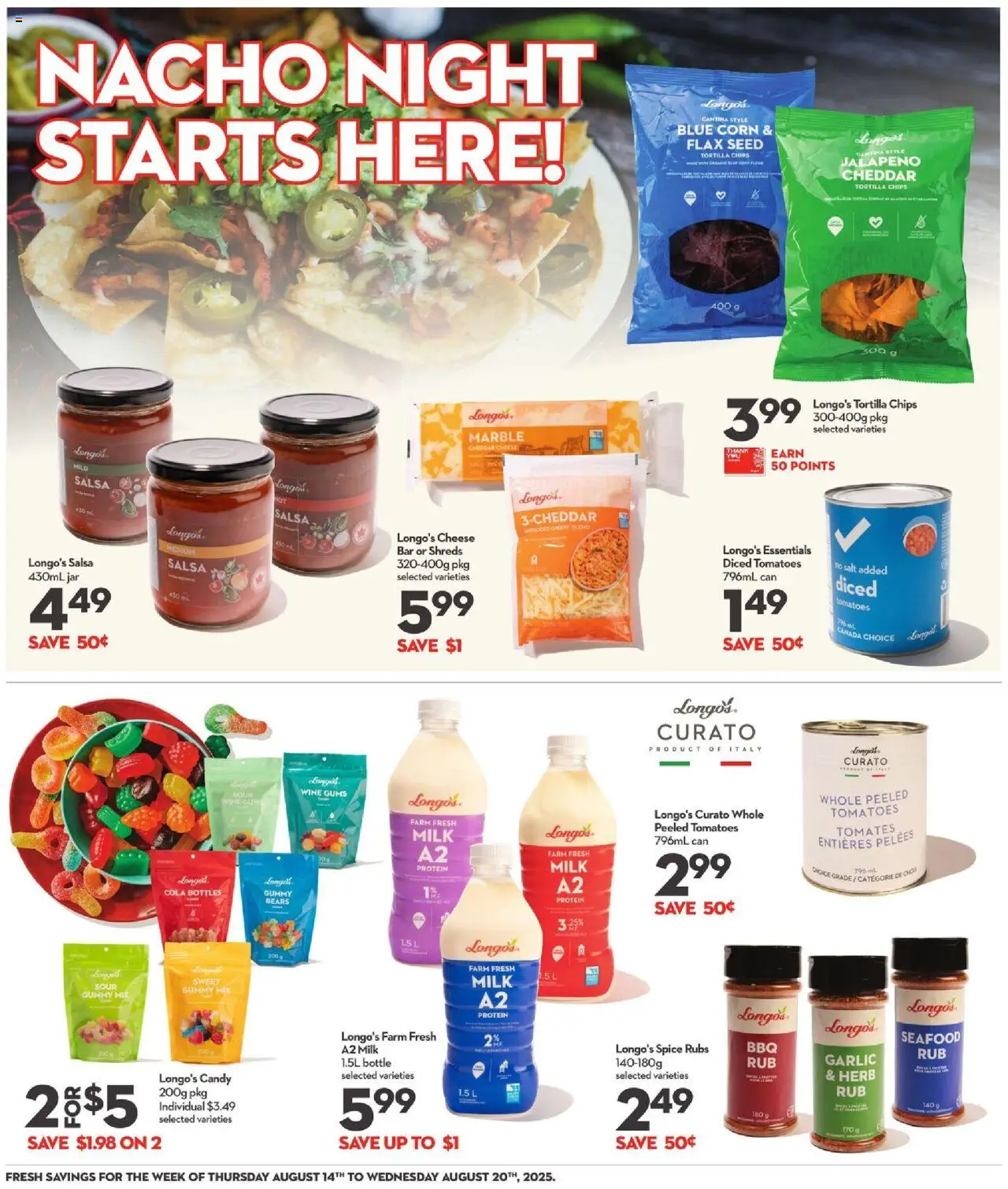 Longo's flyer valid from 14.08.2025 | Page: 13 | Products: Chips, Milk, Wine, Tomatoes