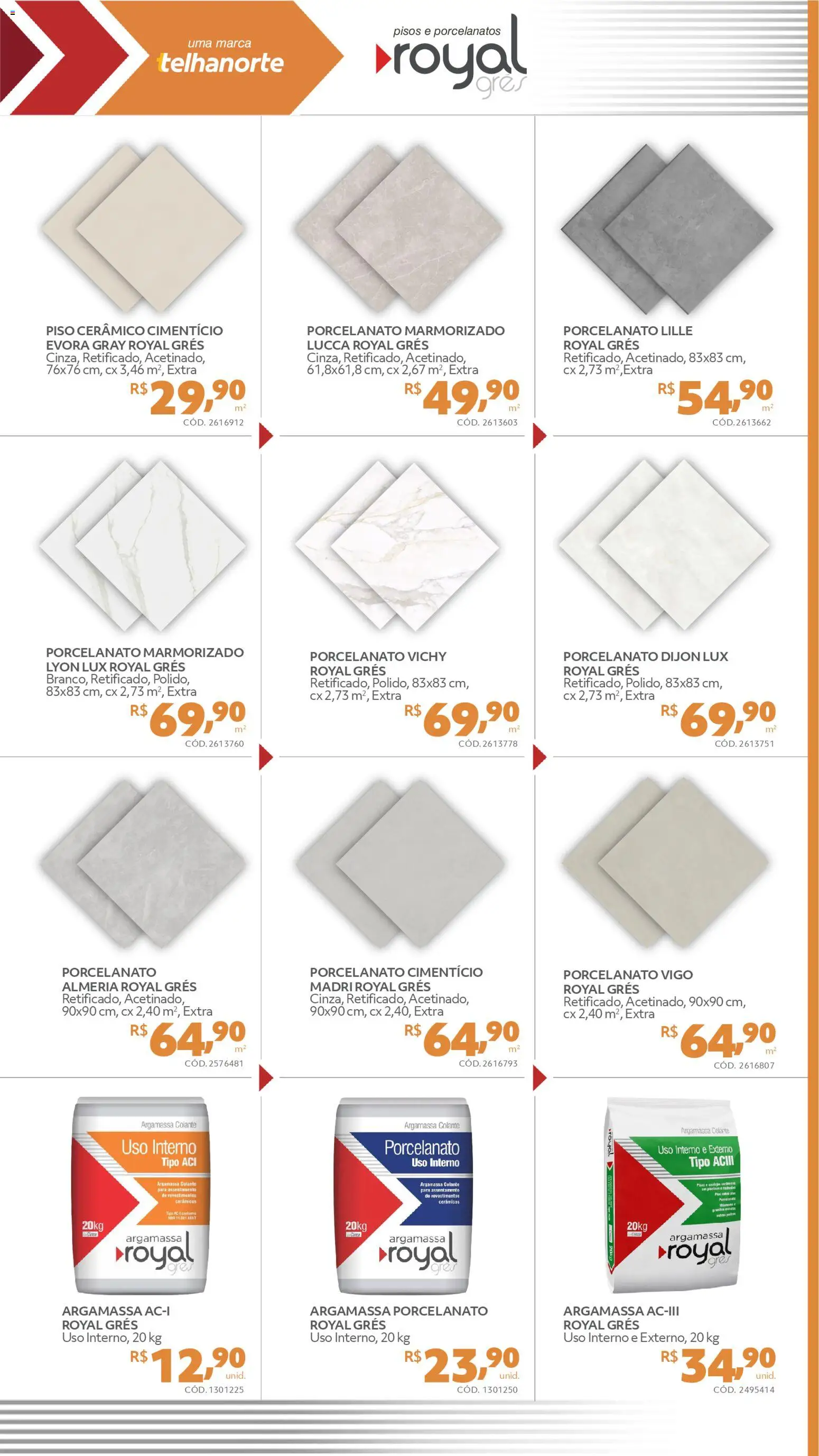 Telhanorte ofertas Royal Grés Folheto - válido de 19.03.2026 | Página: 3 | Produtos: Argamassa, Piso, Piso cerâmico, Porcelanato