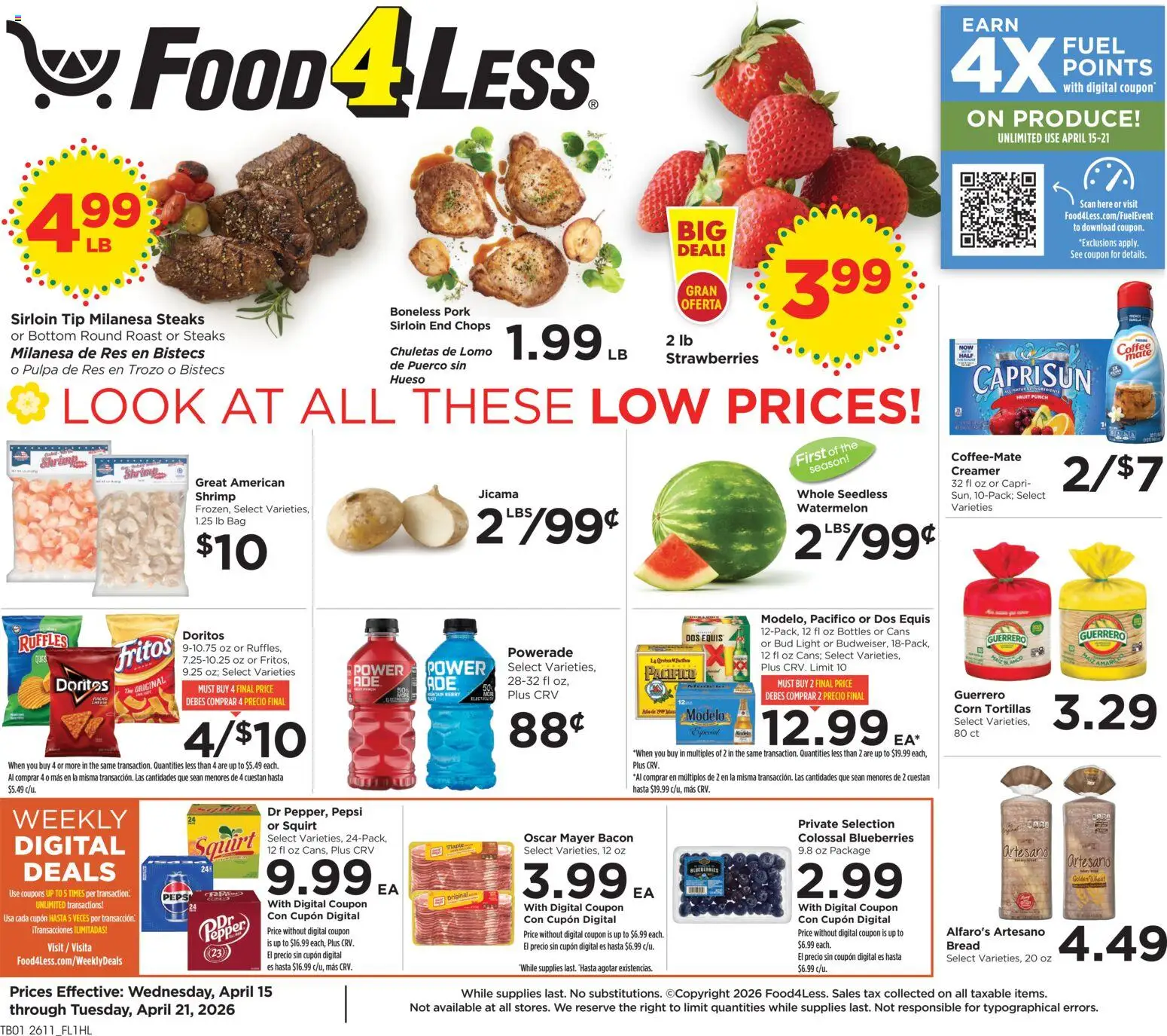 Food 4 Less Weekly Ad - valid from 15.04.2026 | Page: 1 | Products: Corn, Bread, Pork, Watermelon