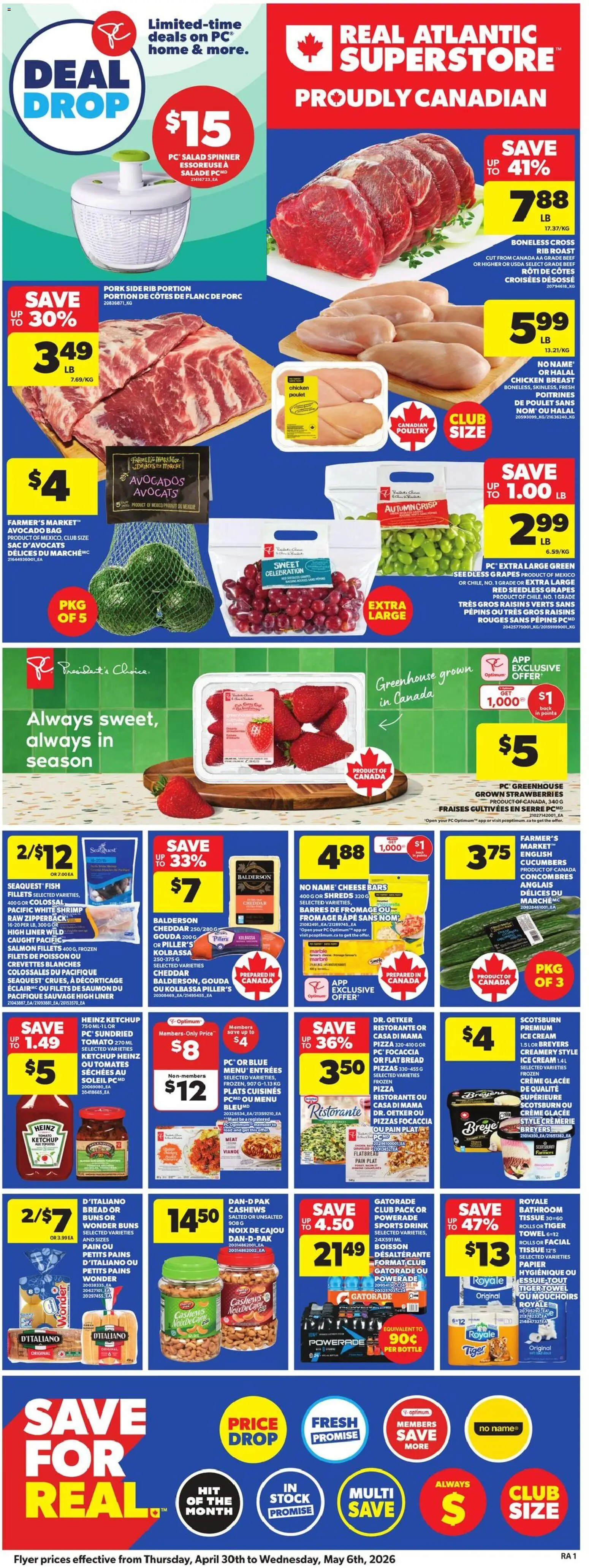 Atlantic Superstore flyer valid from 30.04.2026 | Page: 3 | Products: Strawberries, Cucumbers, Ice cream, Pizza