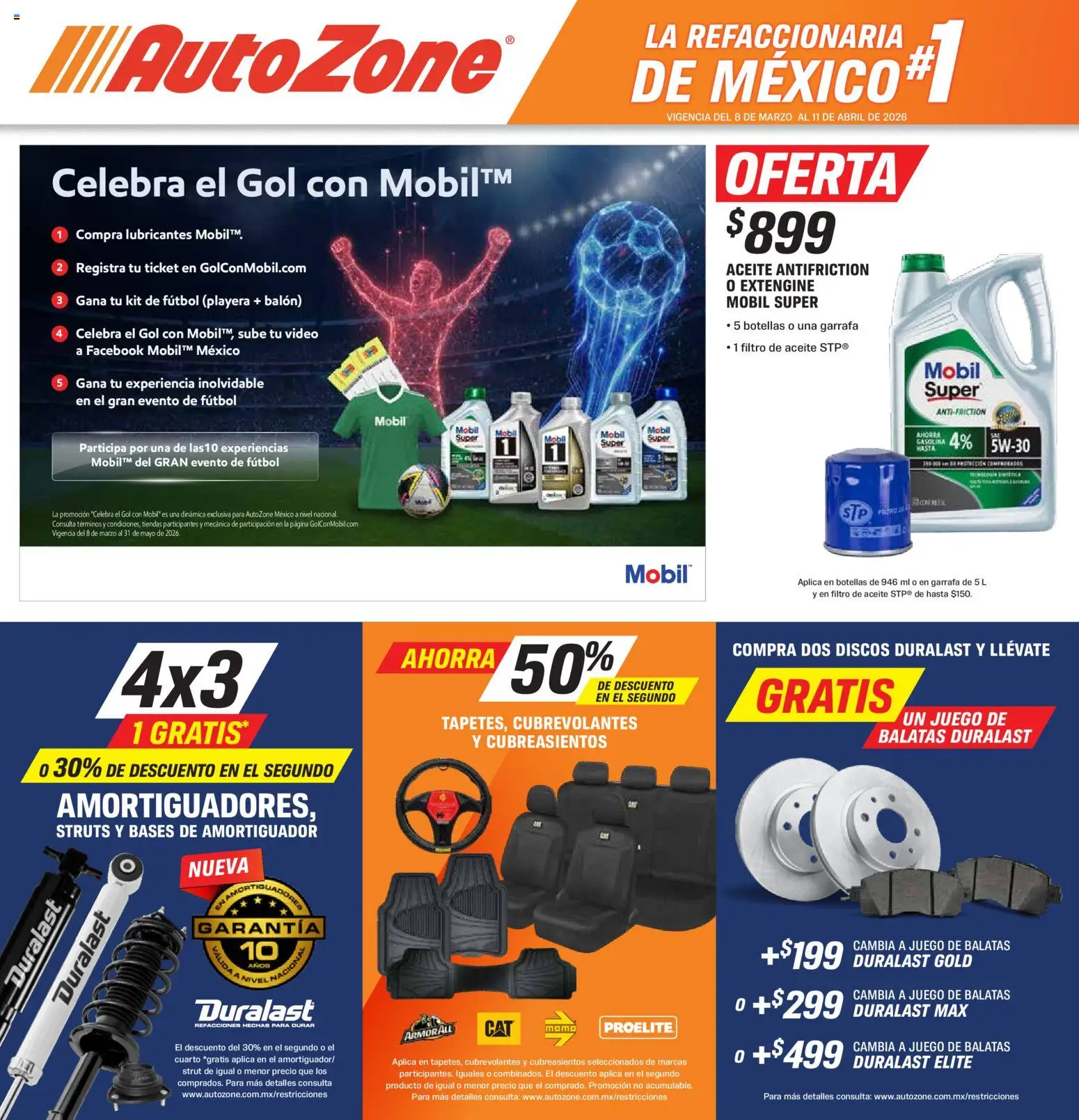 Nuevas ofertas de AutoZone válidas en toda la República Mexicana desde el 08.03.2026. ¡Encuentra las mejores ofertas en AutoZone catálogo! | Página: 1 | Productos: Aceite, Juego, Playera, Video