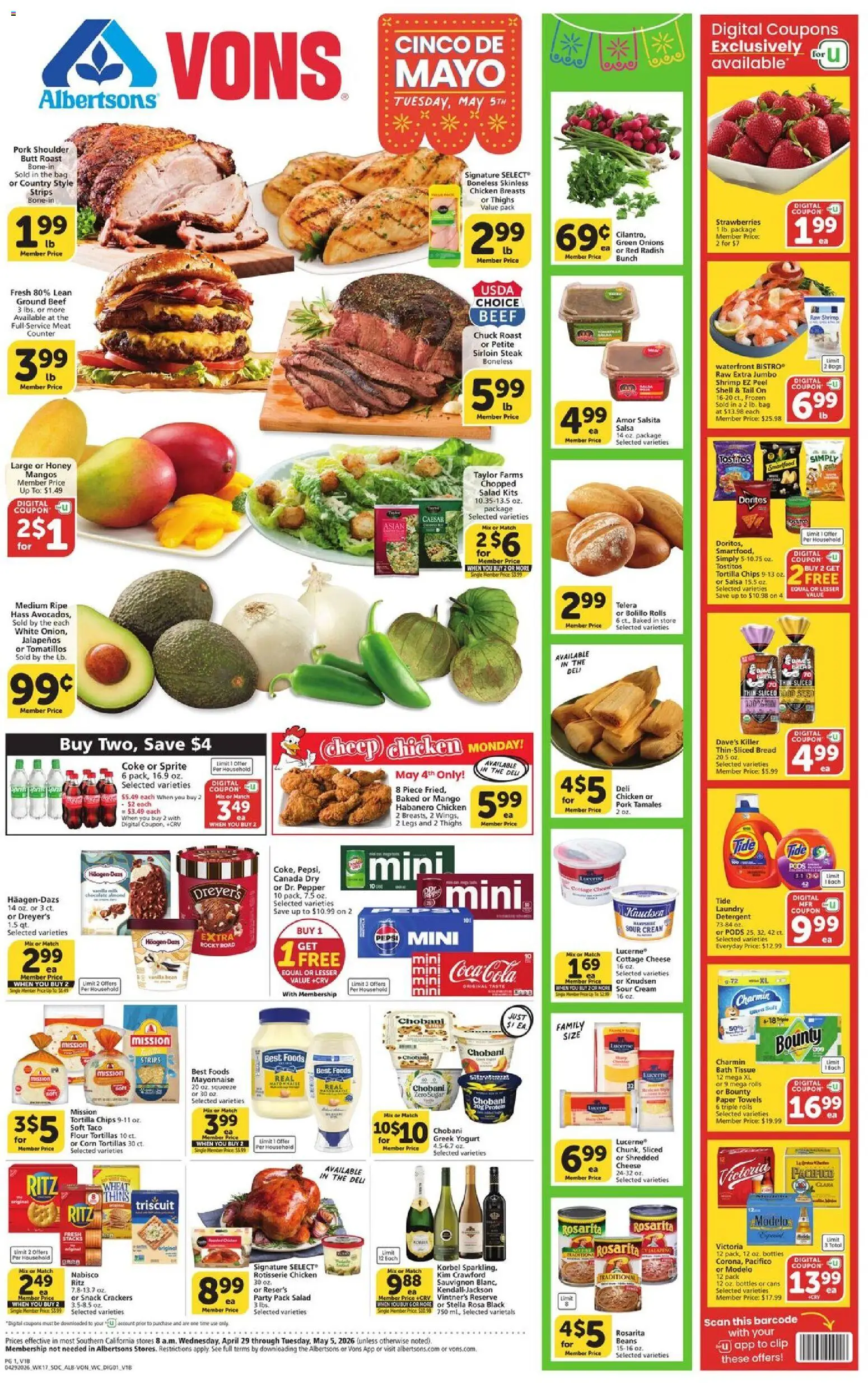 Vons Weekly Ad - valid from 29.04.2026 | Page: 1 | Products: Chips, Cream, Sugar, Mango