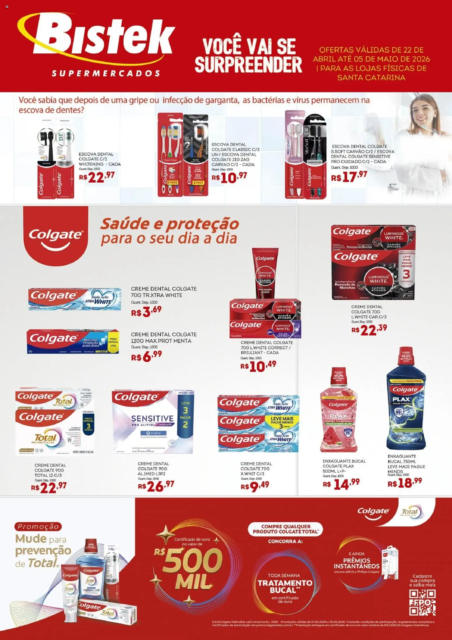 Bistek Supermercados Folheto - válido de 22.04.2026 | Página: 1 | Produtos: Escova, Enxaguante bucal, Maiô, Creme