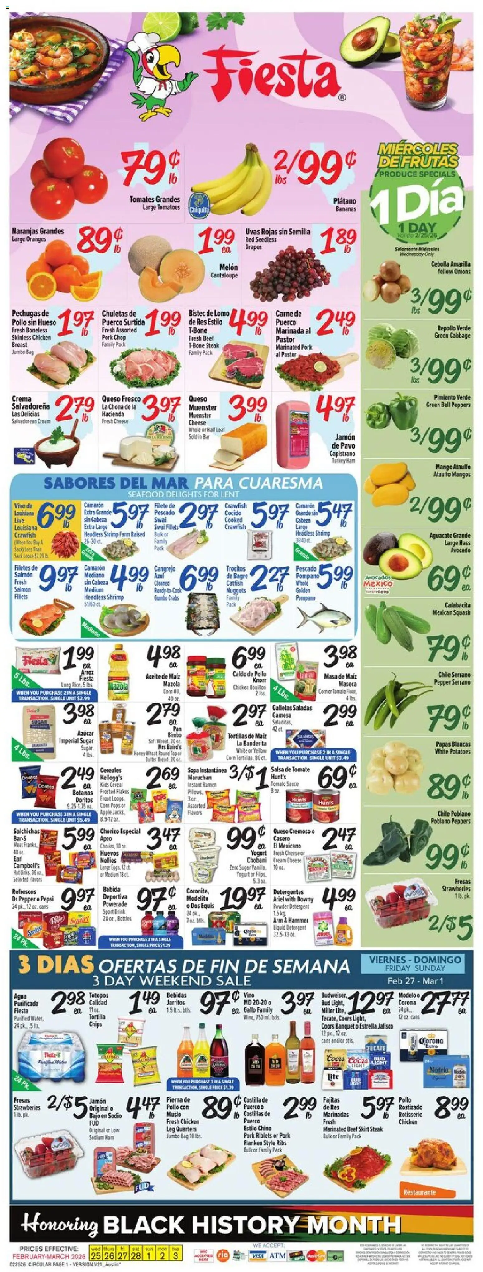 Fiesta Mart Weekly Ad - valid from 25.02.2026 | Page: 1 | Products: Corn, Squash, Pork, Grapes
