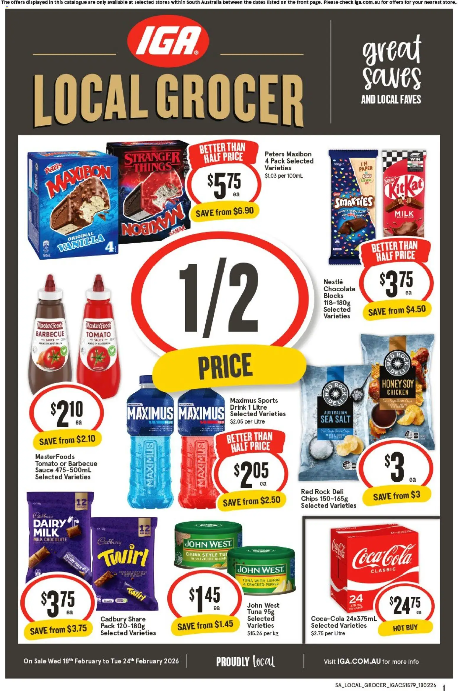IGA catalogue - valid from 18.02.2026 | Page: 1 | Products: Dairy, Chocolate, Salt, Lemon