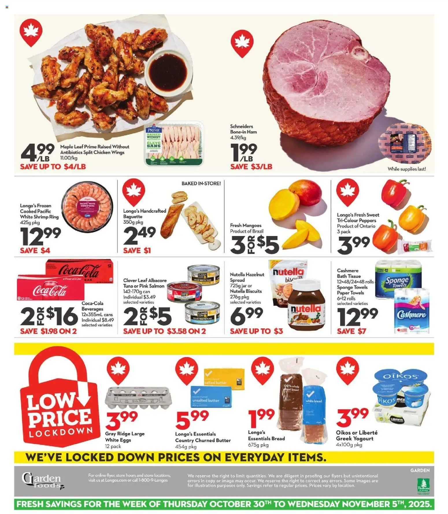 Longo's flyer valid from 30.10.2025 | Page: 5 | Products: Chicken wings, Ridge, Butter, Ham