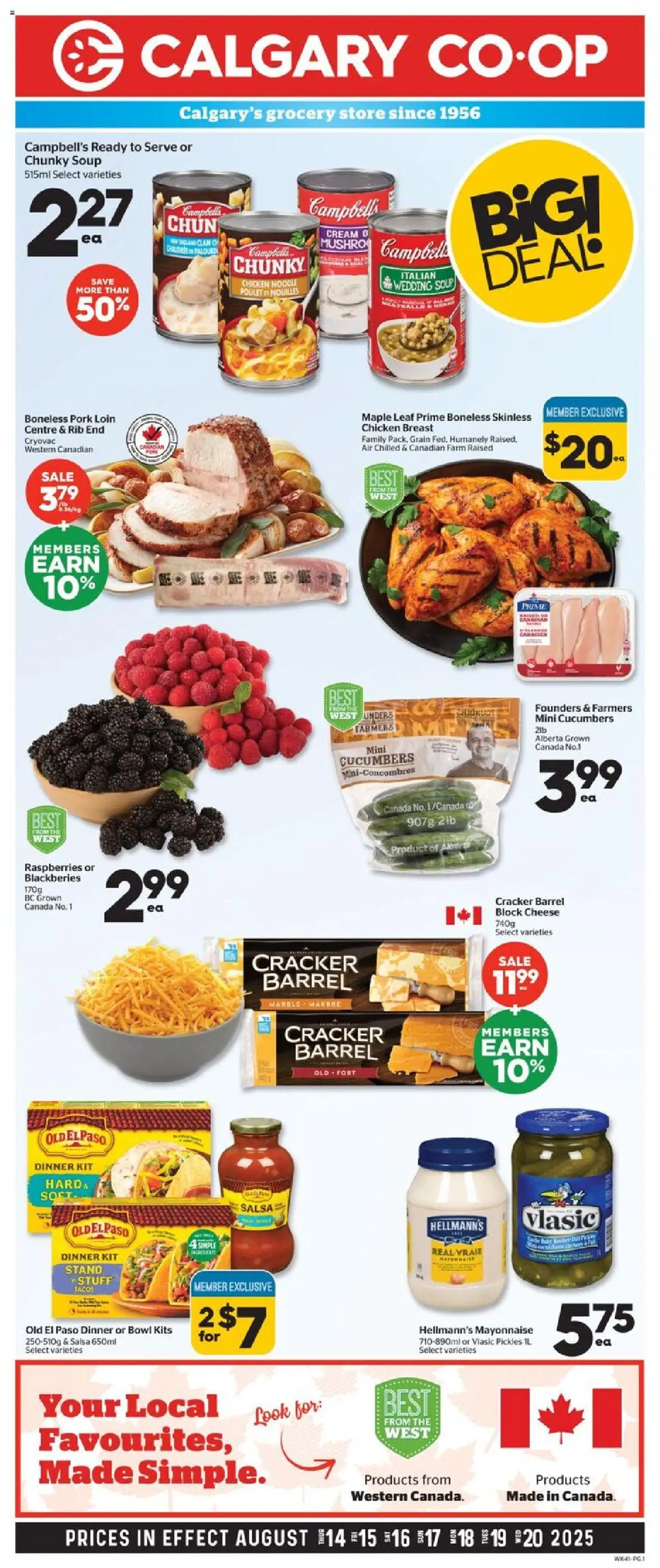 Calgary Co-op flyer valid from 14.08.2025 | Page: 1 | Products: Cream, Cucumbers, Chicken, Pork
