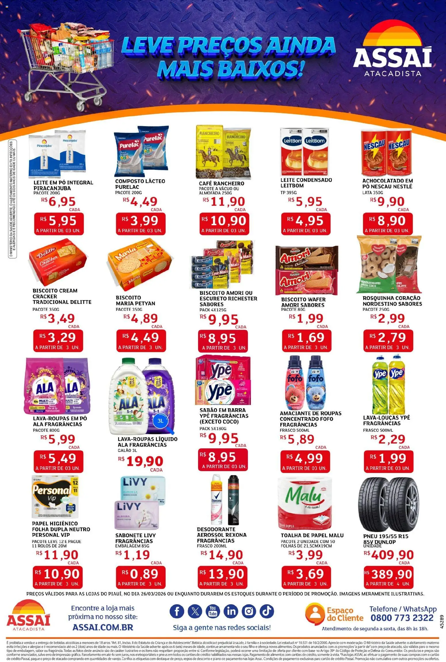 Assaí Atacadista Folheto - válido de 26.03.2026 | Página: 2 | Produtos: Biscoito, Amaciante de roupas, Leite, Roupas