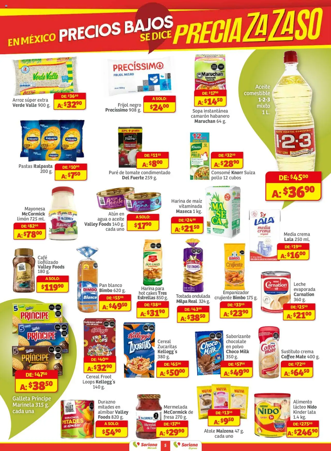 Nuevas ofertas de Soriana válidas en toda la República Mexicana desde el 16.10.2025. ¡Encuentra las mejores ofertas en Soriana - Pesito Valedor Mercado: Camp, Chia, Oax, Q. Roo, Tab, Yuc! | Página: 5 | Productos: Sopa, Leche, Arroz, Mermelada
