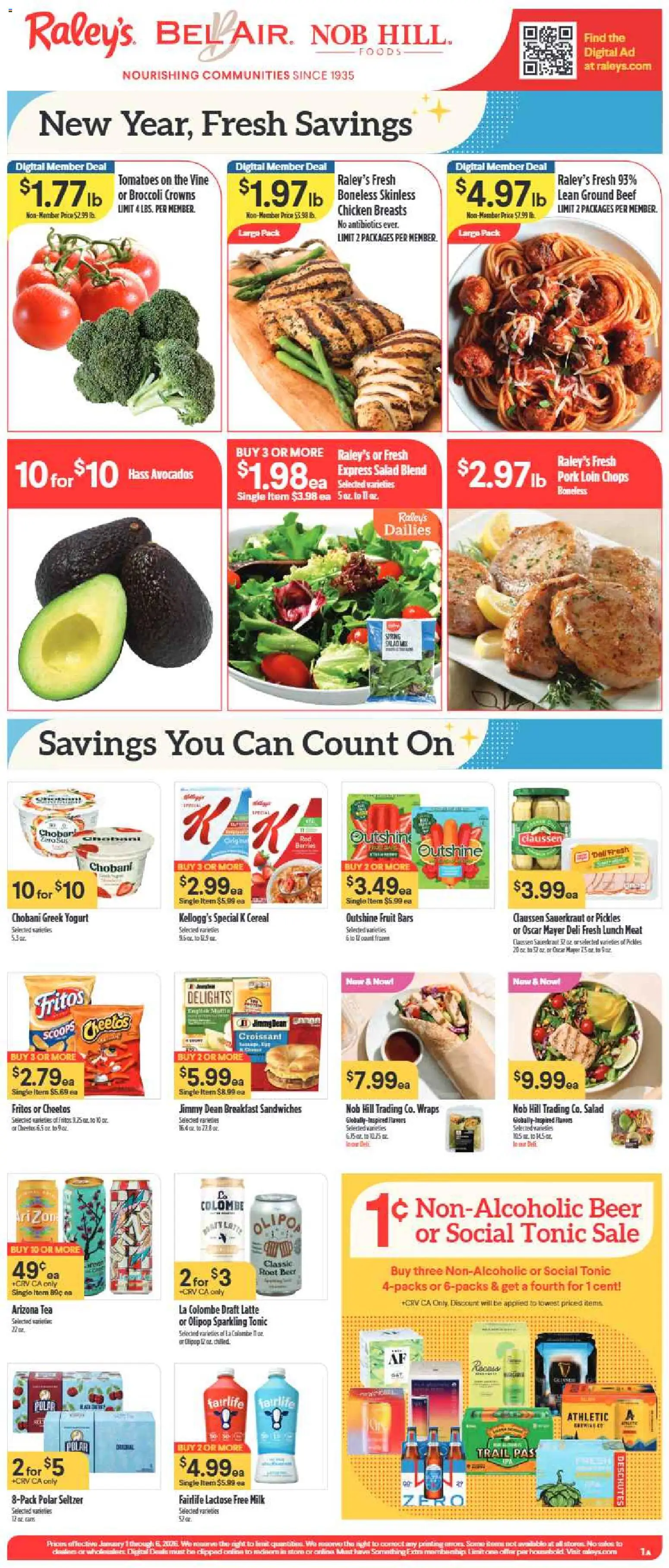 Raley's Weekly Ad - valid from 01.01.2026 | Page: 1 | Products: Broccoli, Tea, Beef, Salad