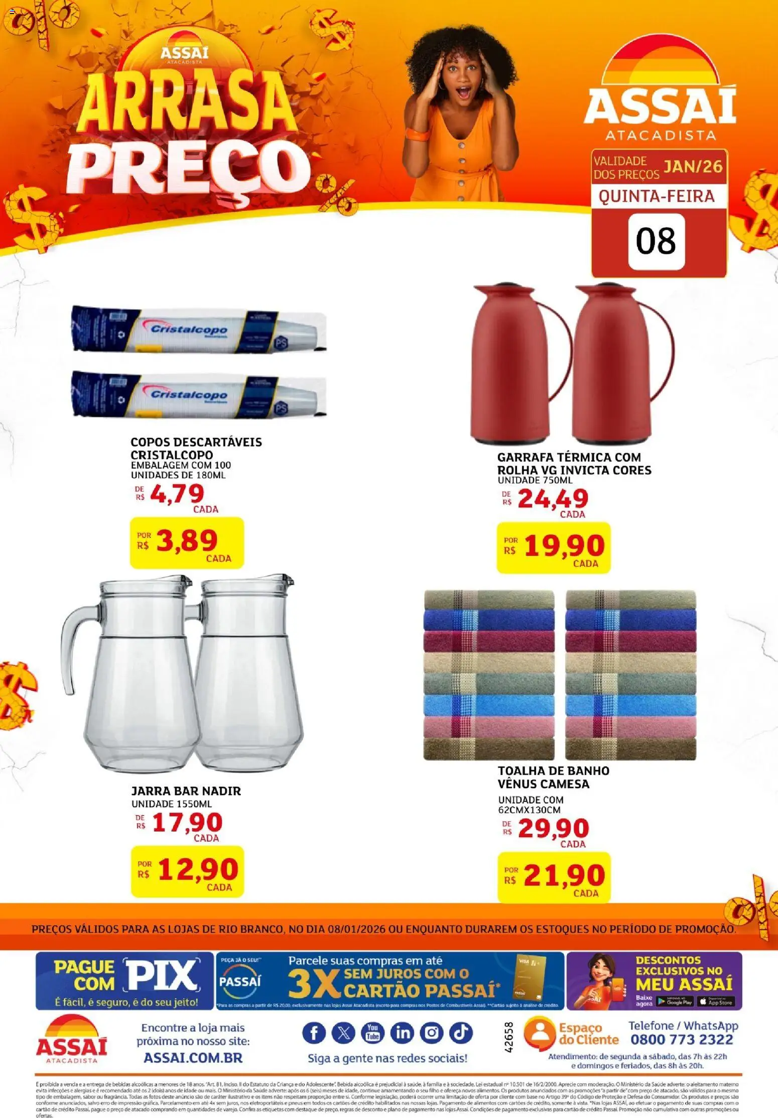 Assaí Atacadista Folheto - válido de 31.01.2026 | Página: 1 | Produtos: Toalha de banho, Bebida, Telefone, Copos