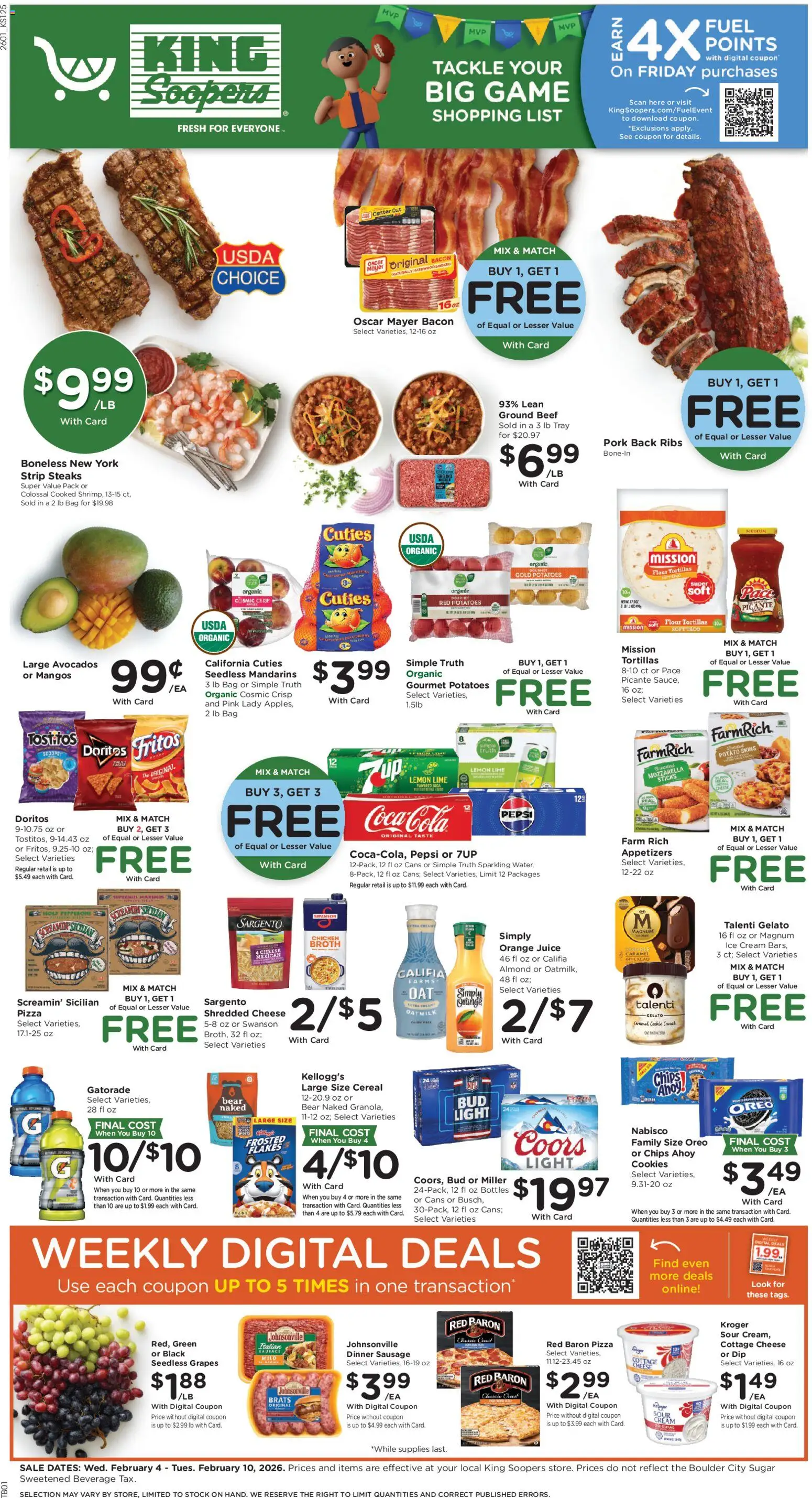King Soopers Weekly Ad - valid from 04.02.2026 | Page: 1 | Products: Pizza, Juice, Chips, Bag