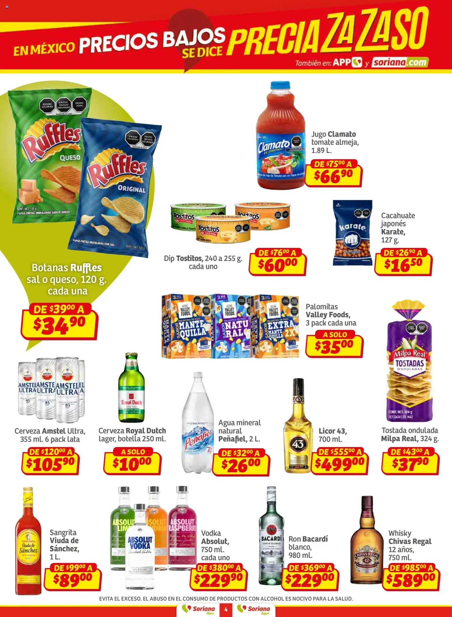 Nuevas ofertas de Soriana válidas en toda la República Mexicana desde el 02.01.2026. ¡Encuentra las mejores ofertas en Soriana - Preciazazaso Súper: Edo Mex, Gro, Hgo, Mor, Pue, Qto, Tlax, Ver ! | Página: 4 | Productos: Tomate, Jugo, Cerveza, Whisky