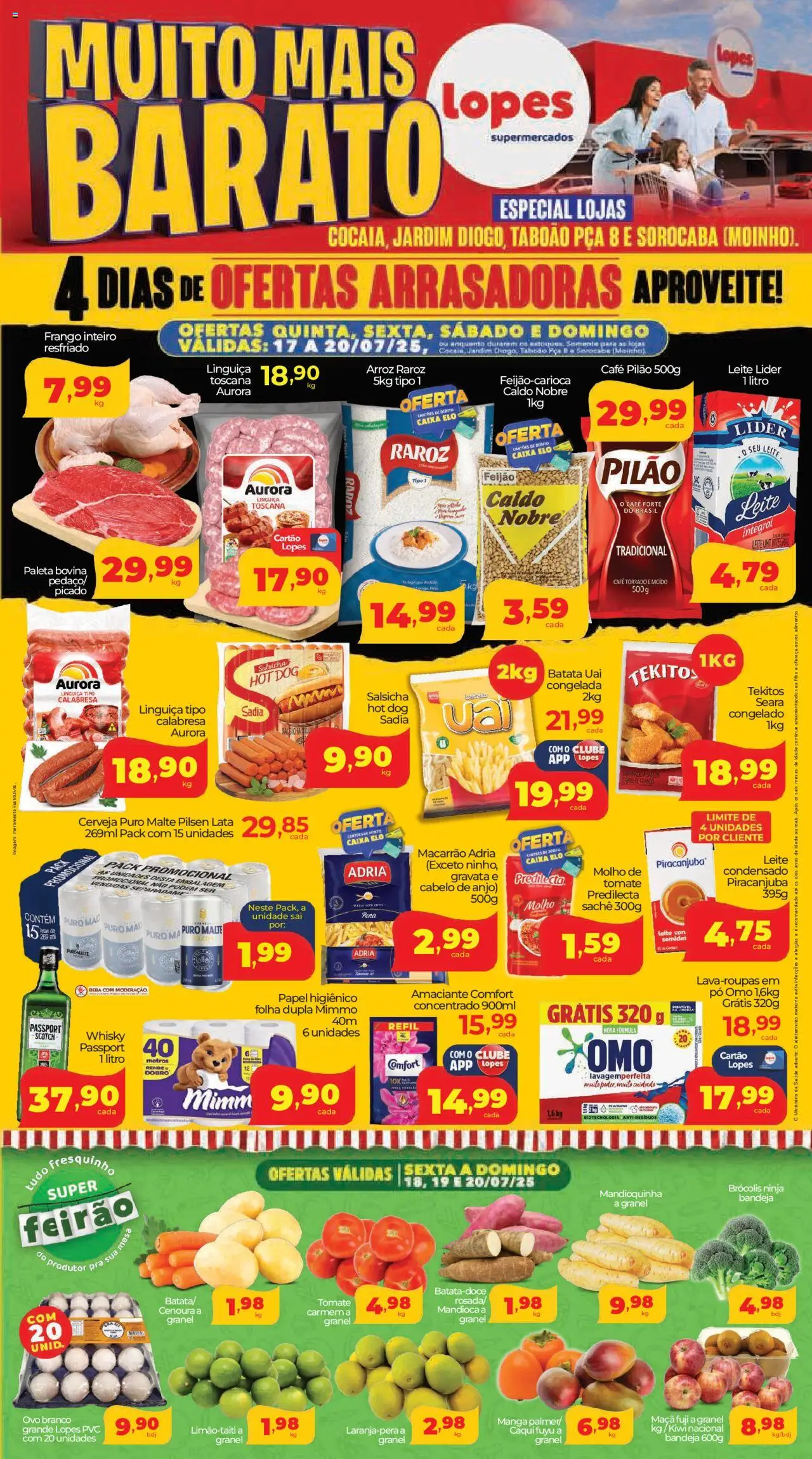 Lopes Supermercados Folheto - válido de 17.07.2025 | Página: 1 | Produtos: Linguiça, Macarrão, Café pilão, Frango