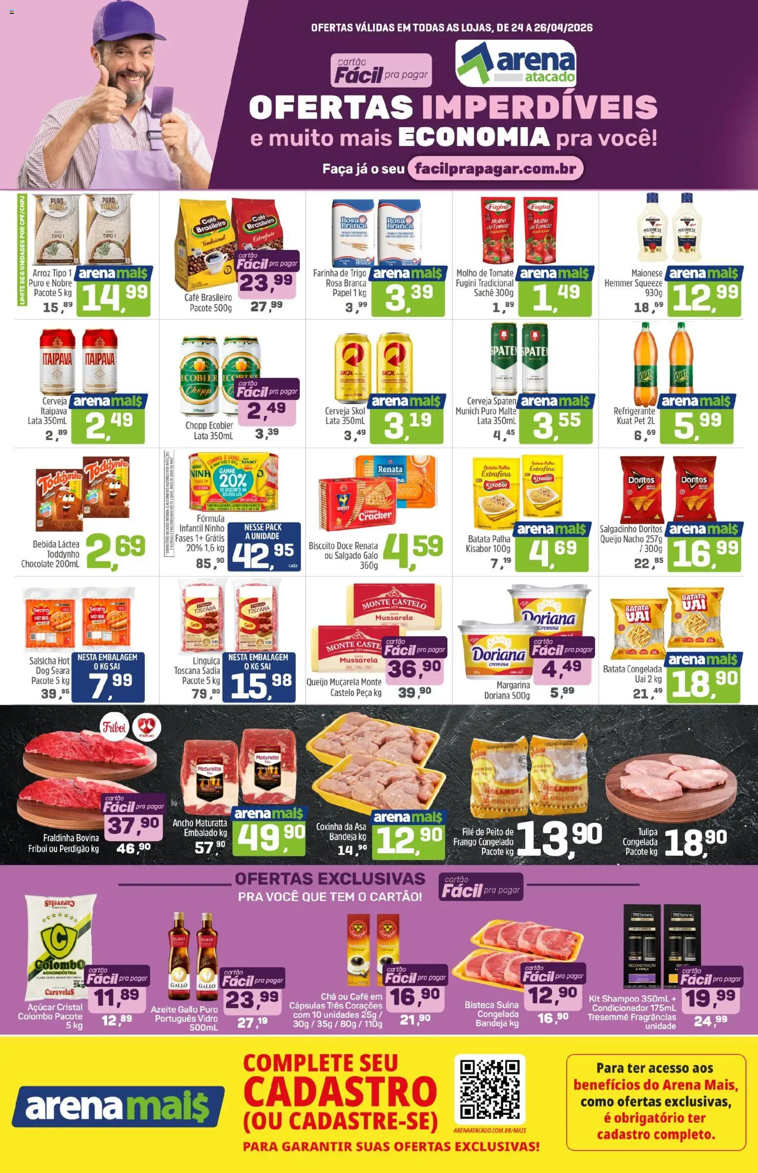 Arena Atacado Folheto - válido de 24.04.2026 | Página: 1 | Produtos: Biscoito, Chopp ecobier, Muçarela, Maionese