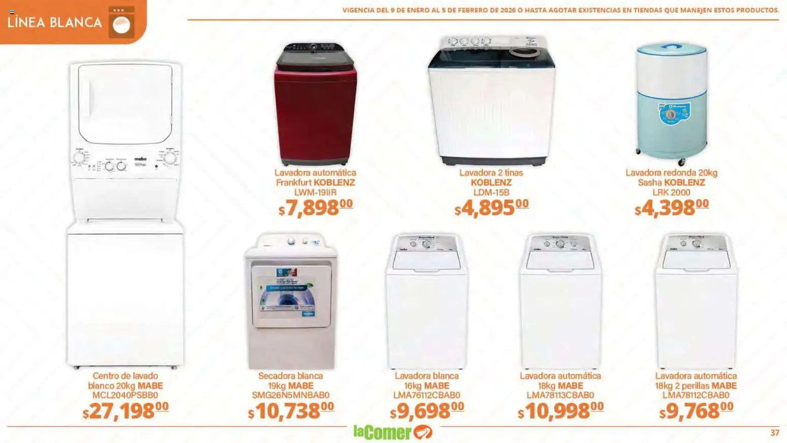 Nuevas ofertas de La Comer válidas en toda la República Mexicana desde el 09.01.2026. ¡Encuentra las mejores ofertas en La Comer folleto Limpia Desinfecta Organiza Ahorra! | Página: 37 | Productos: Secadora, Lavadora