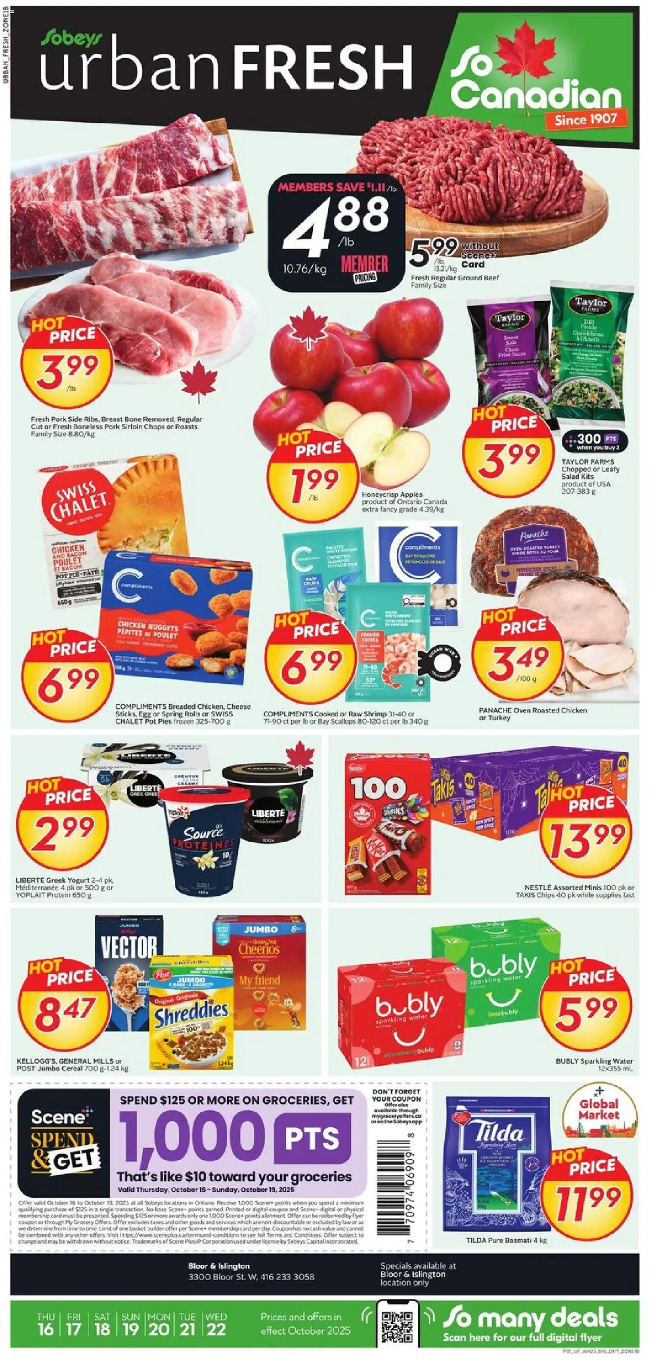 Sobeys flyer valid from 16.10.2025 | Page: 1 | Products: Salad, Basket, Yogurt, Chicken