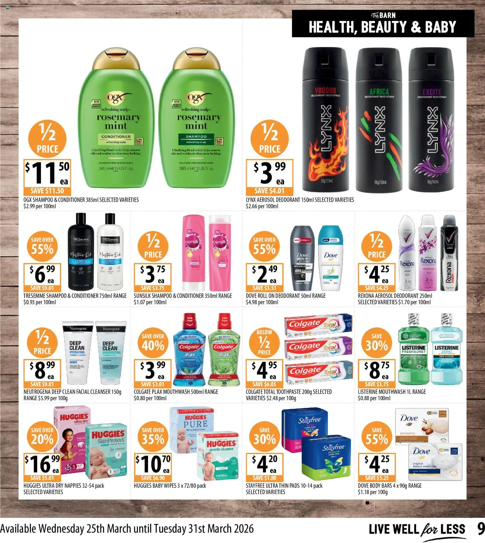 Supabarn catalogue - valid from 25.03.2026 | Page: 9 | Products: Shampoo, Deodorant, Nappies, Cream