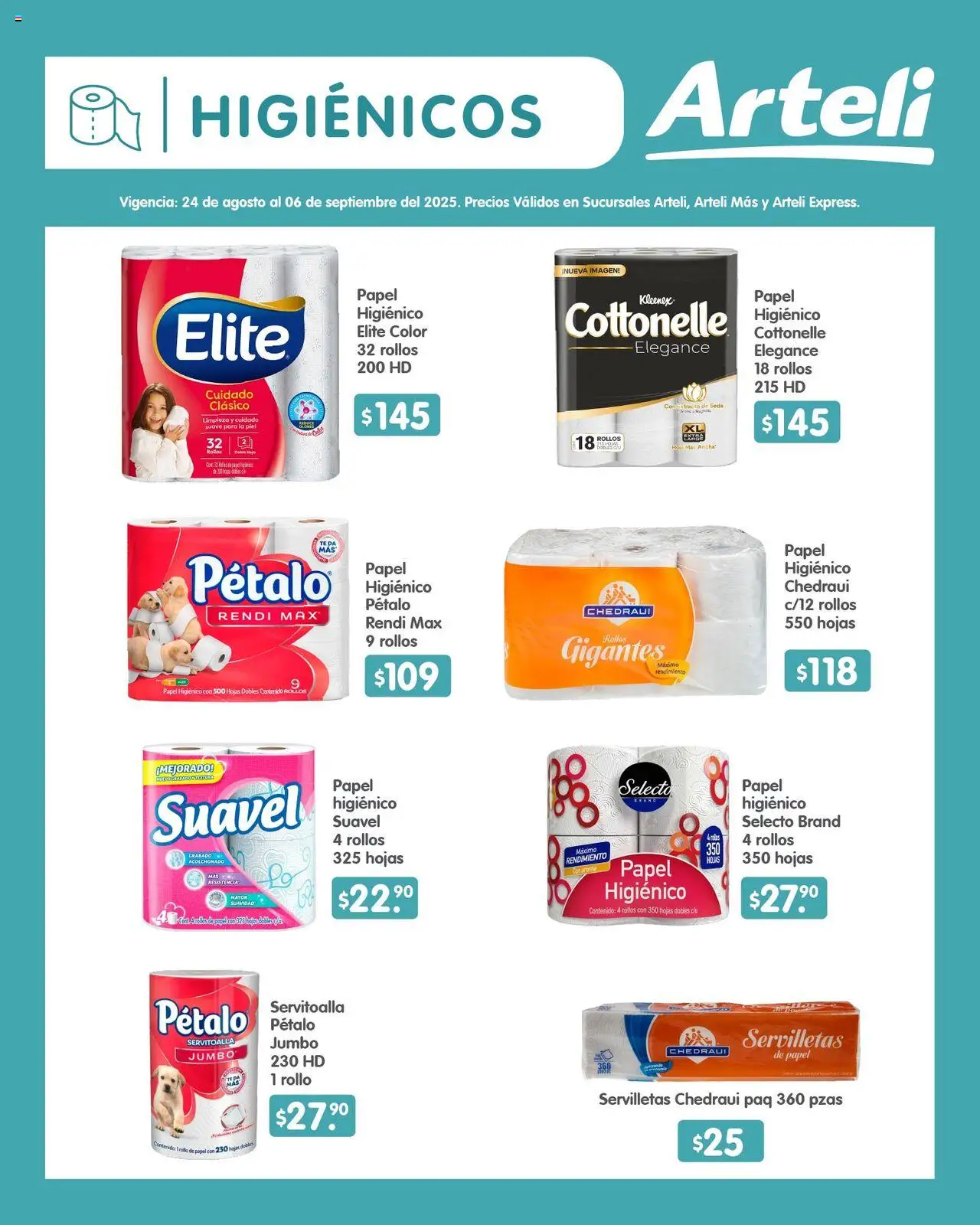 Nuevas ofertas de Arteli válidas en toda la República Mexicana desde el 24.08.2025. ¡Encuentra las mejores ofertas en Arteli - Folleto Quincenal! | Página: 15 | Productos: Papel higiénico, Té, Servilletas