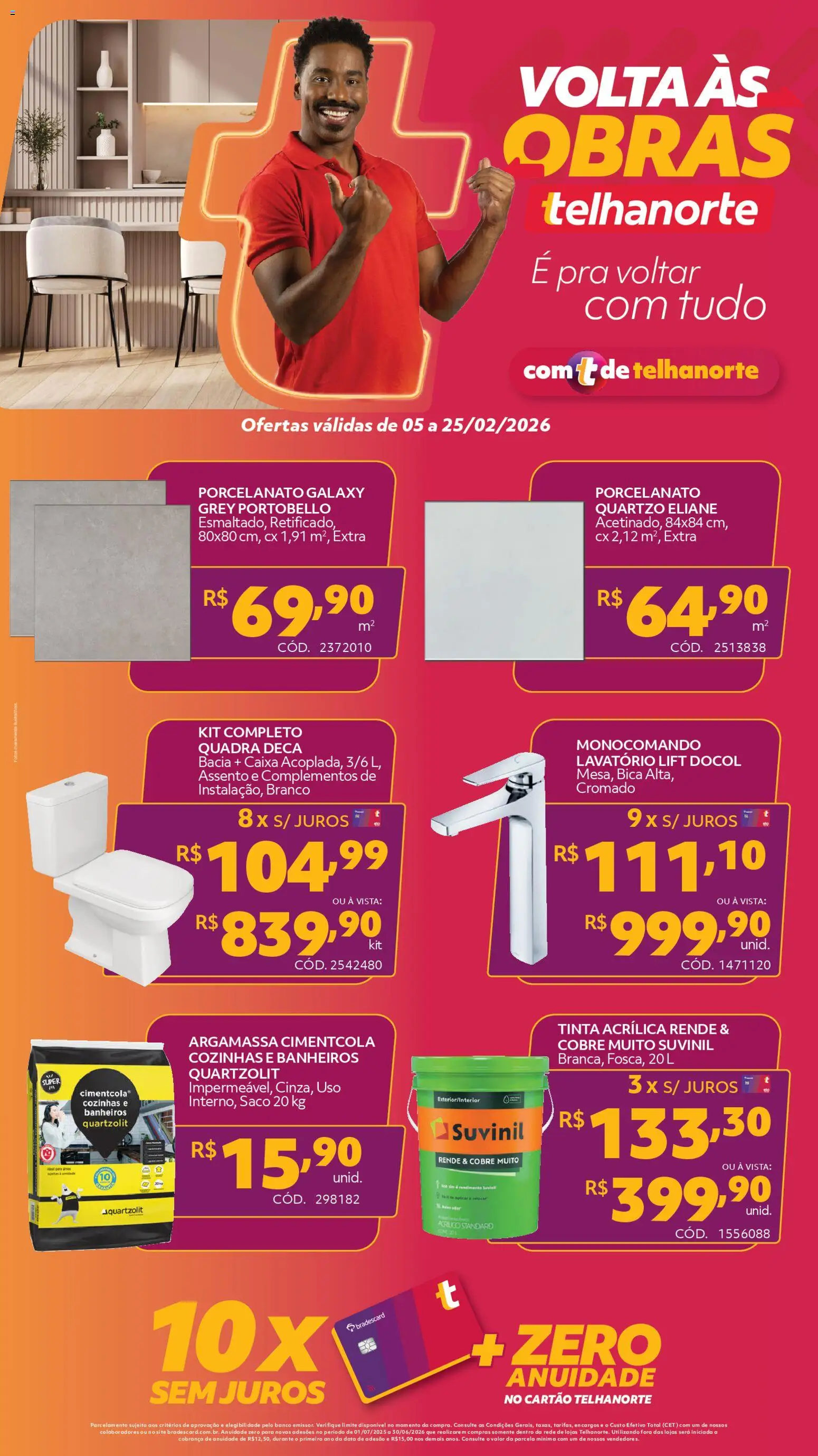 Telhanorte Folheto - válido de 05.02.2026 | Página: 1 | Produtos: Argamassa, Porcelanato, Caixa, Lavatório