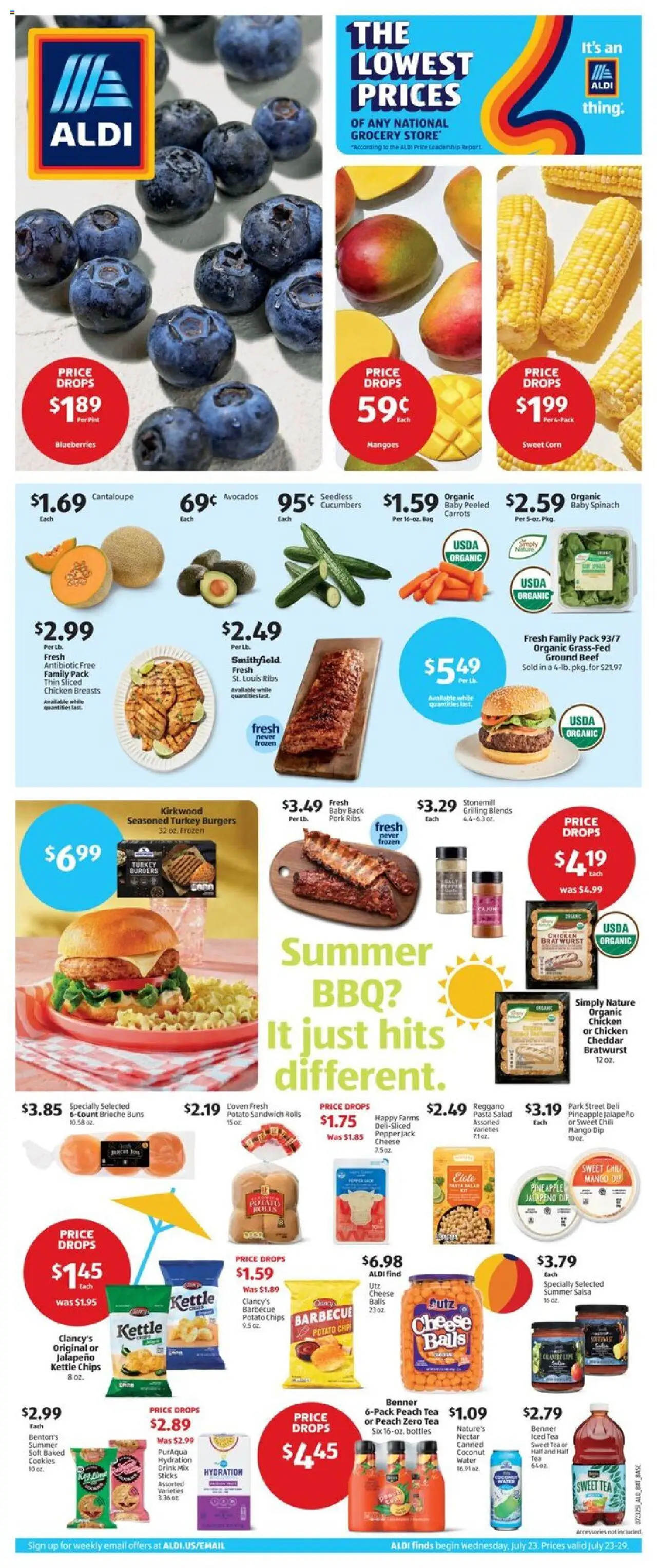 Aldi Weekly Ad - valid from 23.07.2025 | Page: 1 | Products: Pork, Pasta, Salad, Mango