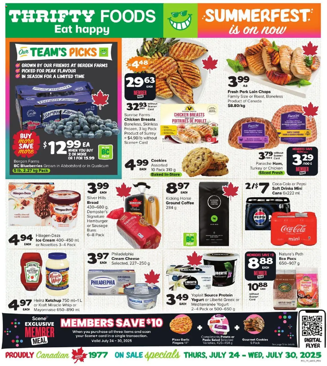 Thrifty Foods flyer valid from 24.07.2025 | Page: 1 | Products: Ketchup, Turkey, Bread, Pizza
