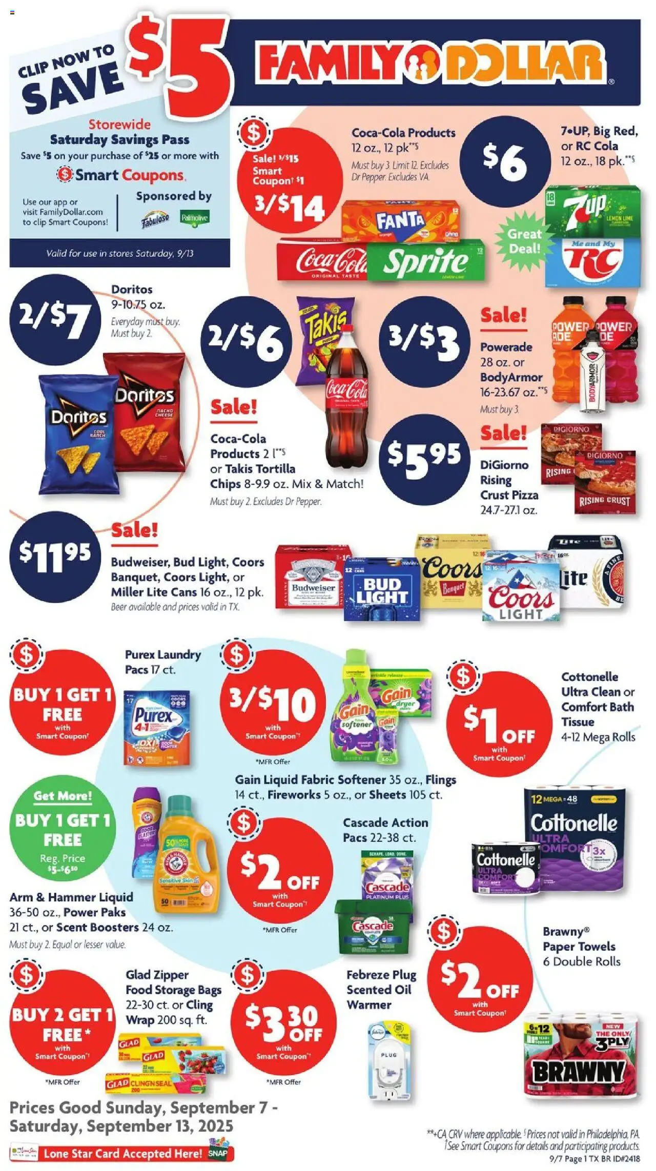 Family Dollar Weekly Ad - valid from 07.09.2025 | Page: 1 | Products: Clip, Pizza, Beer, Lemon