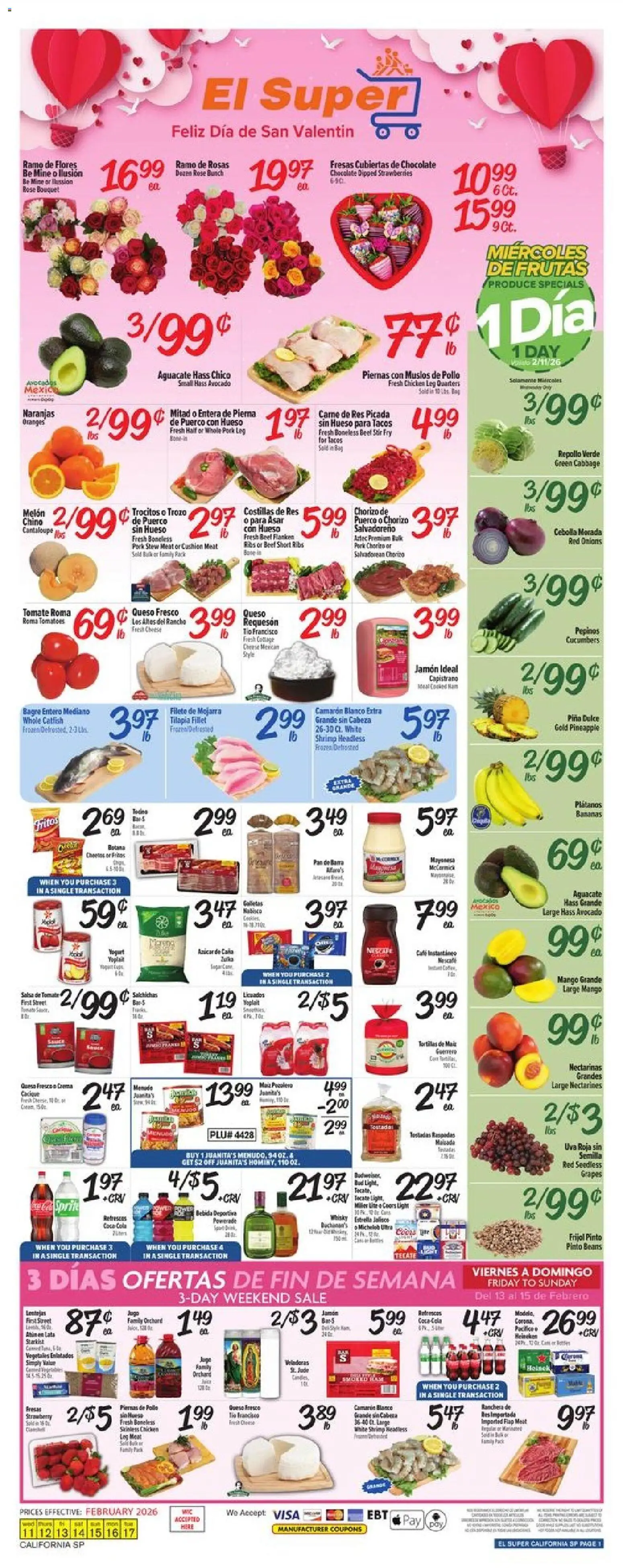 El Super Weekly Ad - CA - valid from 11.02.2026 | Page: 1 | Products: Chocolate, Pork, Tomatoes, Mango