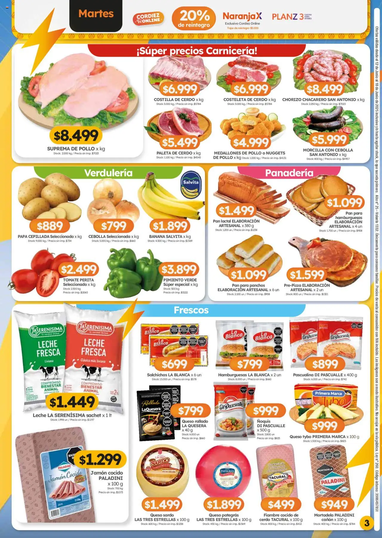 Cordiez ofertas │ válido desde el 12.06.2025 | Página: 3 | Productos: Jamón cocido, Mortadela, Papa, Leche