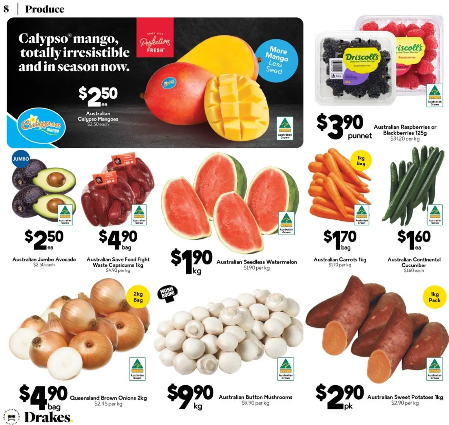 Drakes catalogue - valid from 19.11.2025 | Page: 8 | Products: Mushrooms, Avocado, Onions, Watermelon