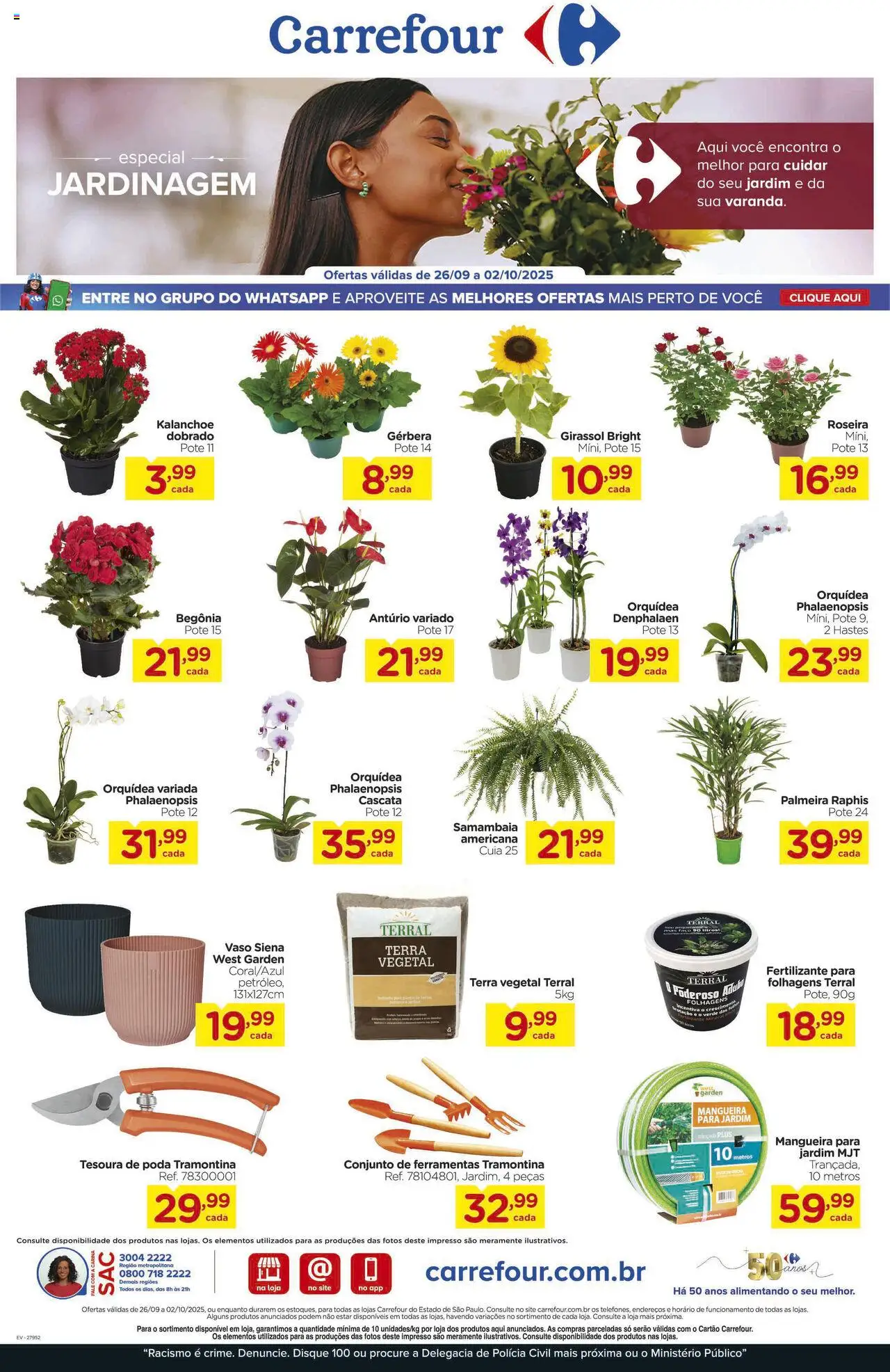Carrefour Folheto - válido de 26.09.2025 | Página: 1 | Produtos: Denphalaen, Mangueira, Tesoura, Vaso